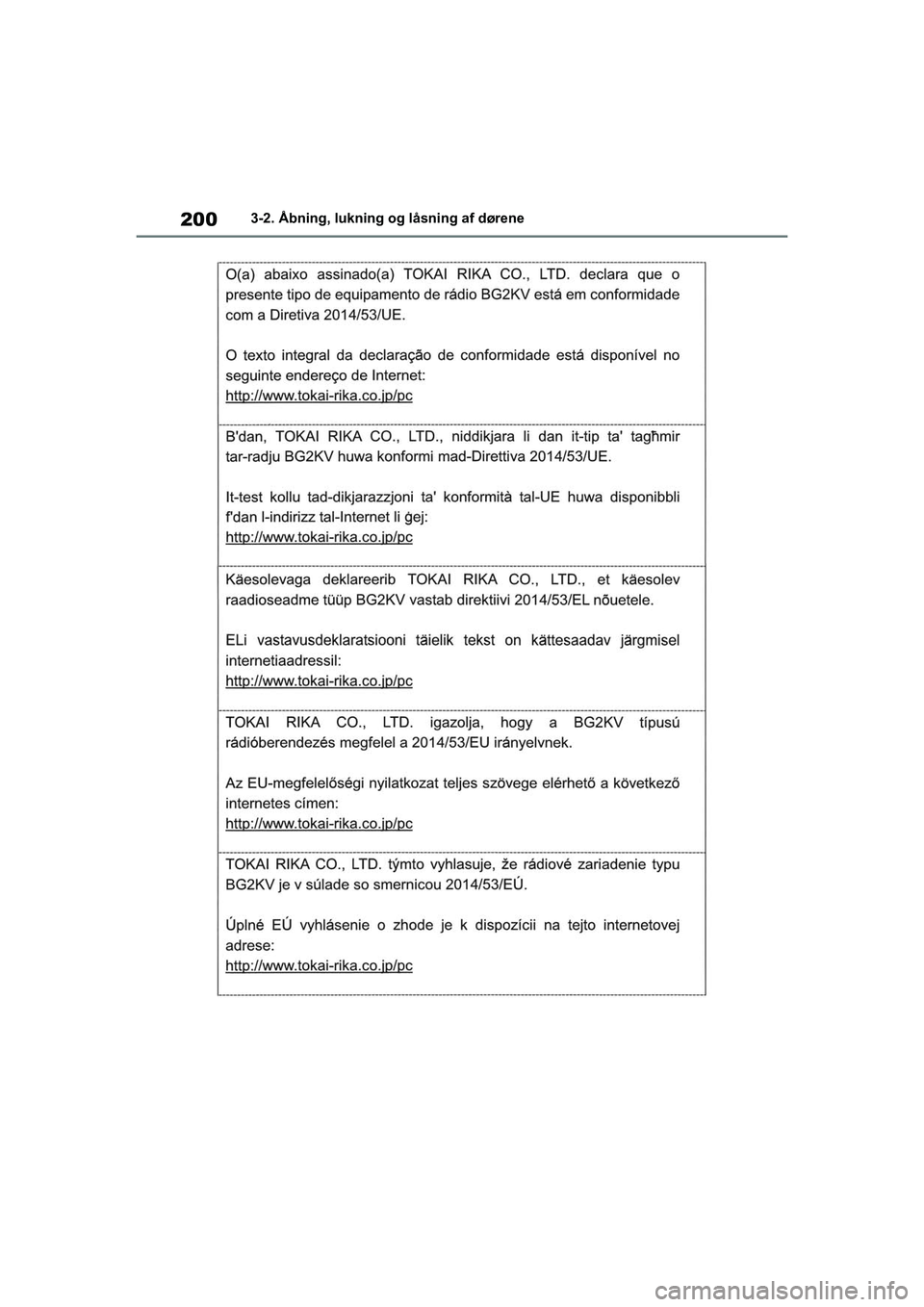 TOYOTA RAV4 2020  Brugsanvisning (in Danish) 2003-2. Åbning, lukning og låsning af dørene
OM42D20DK.book  Page 200  Friday, November 27, 2020  1:56 PM 