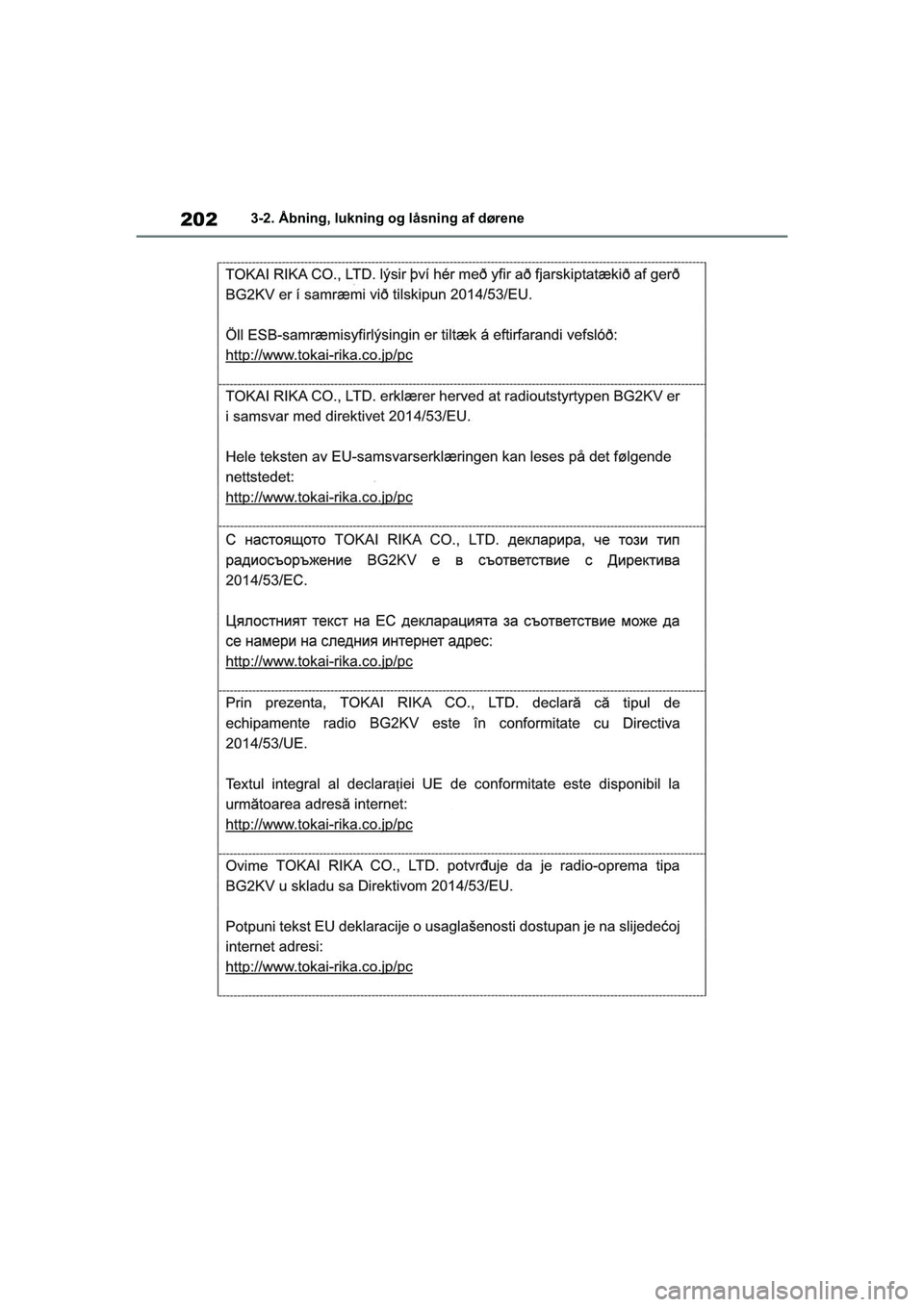 TOYOTA RAV4 2020  Brugsanvisning (in Danish) 2023-2. Åbning, lukning og låsning af dørene
OM42D20DK.book  Page 202  Friday, November 27, 2020  1:56 PM 