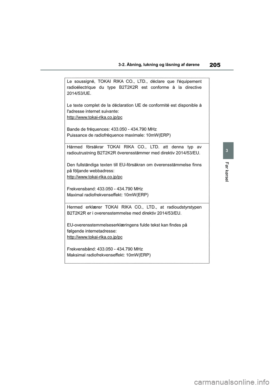 TOYOTA RAV4 2020  Brugsanvisning (in Danish) 205
3
3-2. Åbning, lukning og låsning af dørene
Før kørsel
OM42D20DK.book  Page 205  Friday, November 27, 2020  1:56 PM 