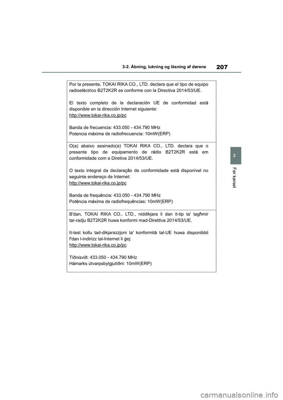 TOYOTA RAV4 2020  Brugsanvisning (in Danish) 207
3
3-2. Åbning, lukning og låsning af dørene
Før kørsel
OM42D20DK.book  Page 207  Friday, November 27, 2020  1:56 PM 