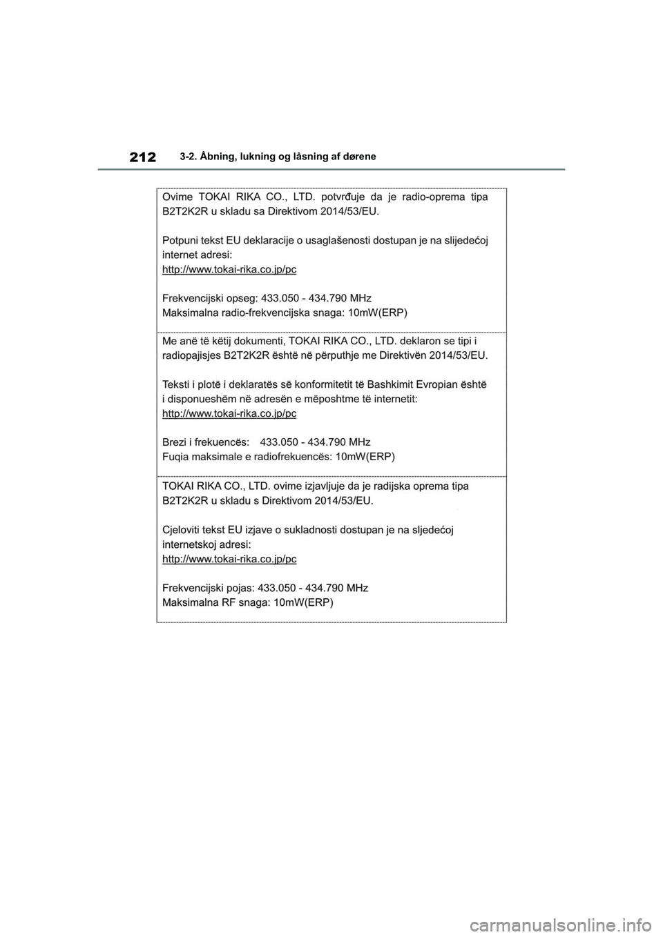 TOYOTA RAV4 2020  Brugsanvisning (in Danish) 2123-2. Åbning, lukning og låsning af dørene
OM42D20DK.book  Page 212  Friday, November 27, 2020  1:56 PM 