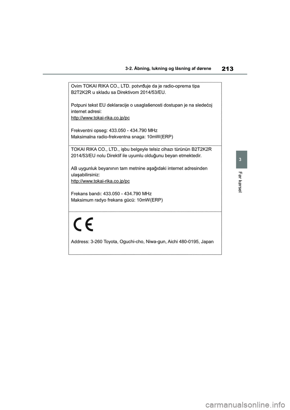 TOYOTA RAV4 2020  Brugsanvisning (in Danish) 213
3
3-2. Åbning, lukning og låsning af dørene
Før kørsel
OM42D20DK.book  Page 213  Friday, November 27, 2020  1:56 PM 