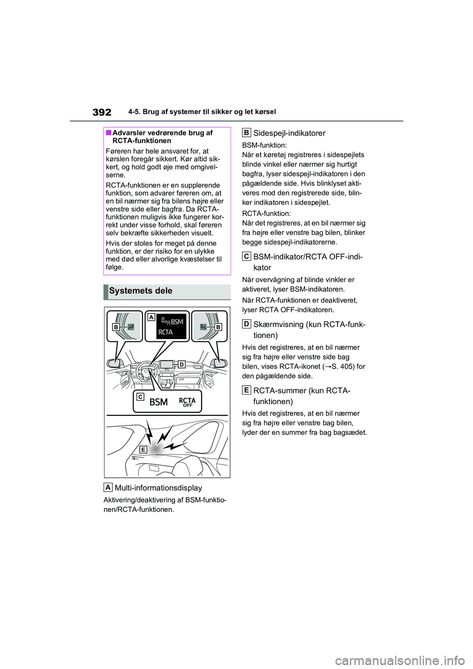 TOYOTA RAV4 2020 Brugsanvisning (in Danish) 3924-5. Brug af systemer til sikker og let kørsel
Multi-informationsdisplay
Aktivering/deaktivering af BSM-funktio-
nen/RCTA-funktionen.
Sidespejl-indikatorer
BSM-funktion:
Når et køretøj registre TOYOTA RAV4 2020 Brugsanvisning (in Danish) 3924-5. Brug af systemer til sikker og let kørsel
Multi-informationsdisplay
Aktivering/deaktivering af BSM-funktio-
nen/RCTA-funktionen.
Sidespejl-indikatorer
BSM-funktion:
Når et køretøj registre