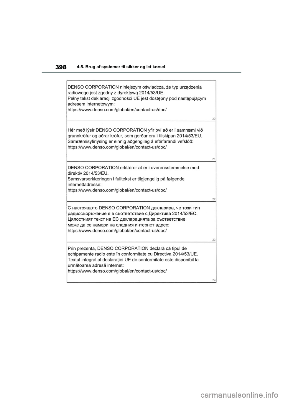 TOYOTA RAV4 2020  Brugsanvisning (in Danish) 3984-5. Brug af systemer til sikker og let kørsel
OM42D20DK.book  Page 398  Friday, November 27, 2020  1:56 PM 