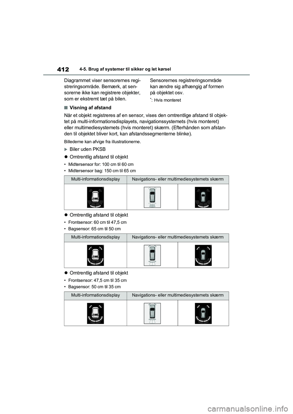 TOYOTA RAV4 2020 Brugsanvisning (in Danish) 4124-5. Brug af systemer til sikker og let kørsel
Diagrammet viser sensorernes regi-
streringsområde. Bemærk, at sen-
sorerne ikke kan registrere objekter,
som er ekstremt tæt på bilen.Sensorern TOYOTA RAV4 2020 Brugsanvisning (in Danish) 4124-5. Brug af systemer til sikker og let kørsel
Diagrammet viser sensorernes regi-
streringsområde. Bemærk, at sen-
sorerne ikke kan registrere objekter,
som er ekstremt tæt på bilen.Sensorern