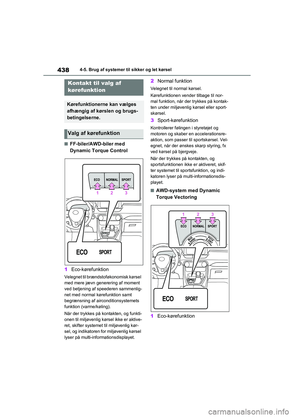 TOYOTA RAV4 2020 Brugsanvisning (in Danish) 4384-5. Brug af systemer til sikker og let kørsel
nFF-biler/AWD-biler med
Dynamic Torque Control
1 Eco-kørefunktion
Velegnet til brændstoføkonomisk kørsel
med mere jævn generering af moment
v TOYOTA RAV4 2020 Brugsanvisning (in Danish) 4384-5. Brug af systemer til sikker og let kørsel
nFF-biler/AWD-biler med
Dynamic Torque Control
1 Eco-kørefunktion
Velegnet til brændstoføkonomisk kørsel
med mere jævn generering af moment
v