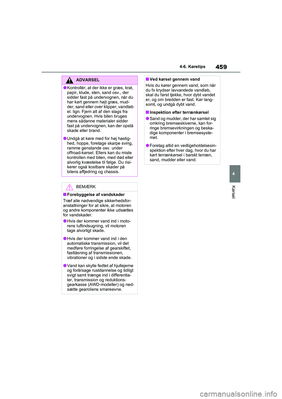 TOYOTA RAV4 2020  Brugsanvisning (in Danish) 459
4
4-6. Køretips
Kørsel
ADVARSEL
lKontrollér, at der ik
ke er græs, krat, 
papir, klude, sten, sand osv., der 
sidder fast på undervognen, når du 
har kørt gennem højt græs, mud-
der, sand TOYOTA RAV4 2020  Brugsanvisning (in Danish) 459
4
4-6. Køretips
Kørsel
ADVARSEL
lKontrollér, at der ik
ke er græs, krat, 
papir, klude, sten, sand osv., der 
sidder fast på undervognen, når du 
har kørt gennem højt græs, mud-
der, sand