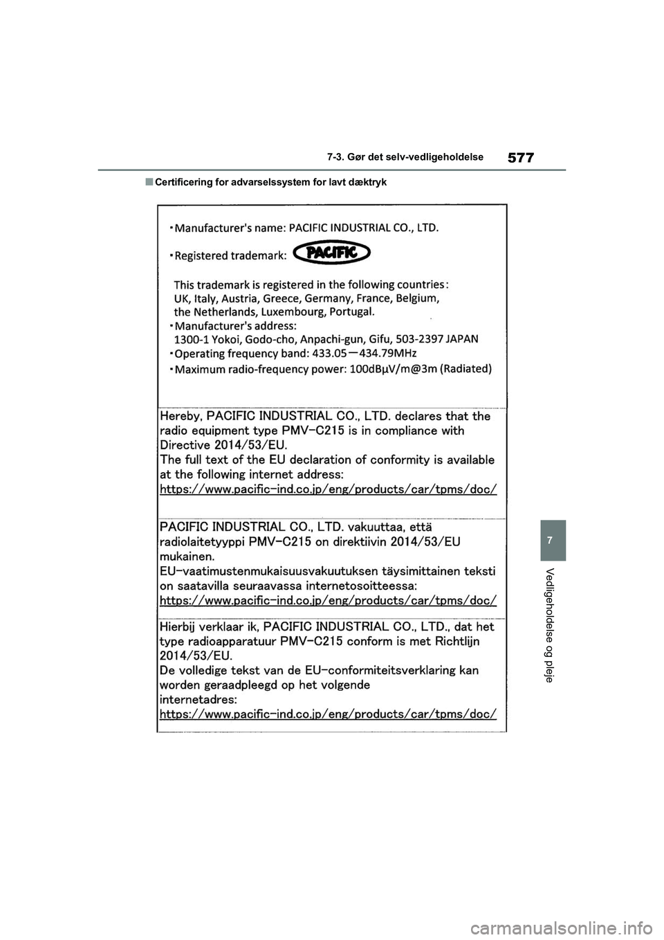 TOYOTA RAV4 2020 Brugsanvisning (in Danish) 577
7
7-3. Gør det selv-vedligeholdelse
Vedligeholdelse og pleje
nCertificering for advarselssystem for lavt dæktryk
OM42D20DK.book Page 577 Friday, November 27, 2020 1:56 PM TOYOTA RAV4 2020 Brugsanvisning (in Danish) 577
7
7-3. Gør det selv-vedligeholdelse
Vedligeholdelse og pleje
nCertificering for advarselssystem for lavt dæktryk
OM42D20DK.book Page 577 Friday, November 27, 2020 1:56 PM