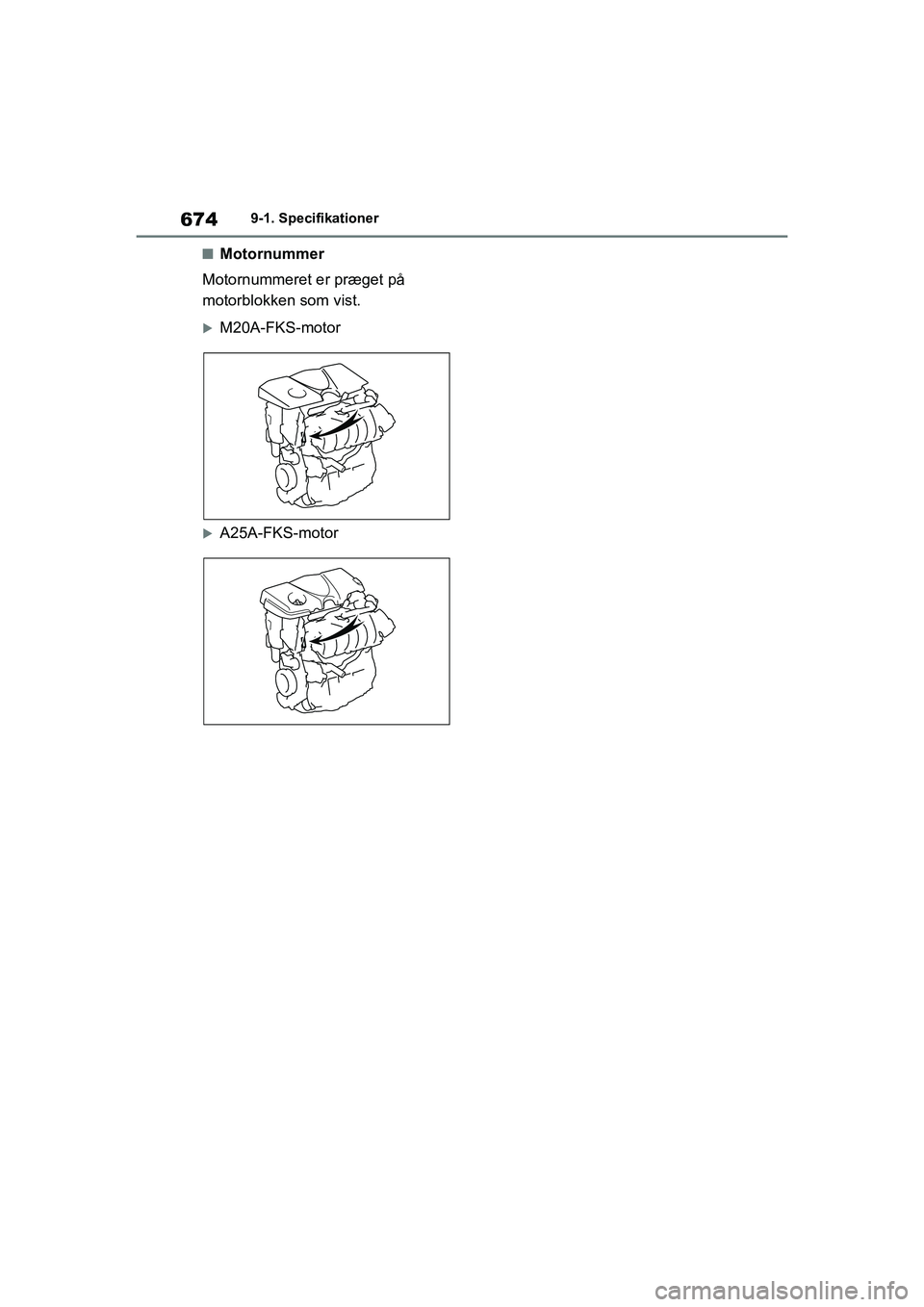 TOYOTA RAV4 2020 Brugsanvisning (in Danish) 6749-1. Specifikationer
nMotornummer
Motornummeret er præget på
motorblokken som vist.
M20A-FKS-motor
A25A-FKS-motor
OM42D20DK.book Page 674 Friday, November 27, 2020 1:56 PM TOYOTA RAV4 2020 Brugsanvisning (in Danish) 6749-1. Specifikationer
nMotornummer
Motornummeret er præget på
motorblokken som vist.
M20A-FKS-motor
A25A-FKS-motor
OM42D20DK.book Page 674 Friday, November 27, 2020 1:56 PM