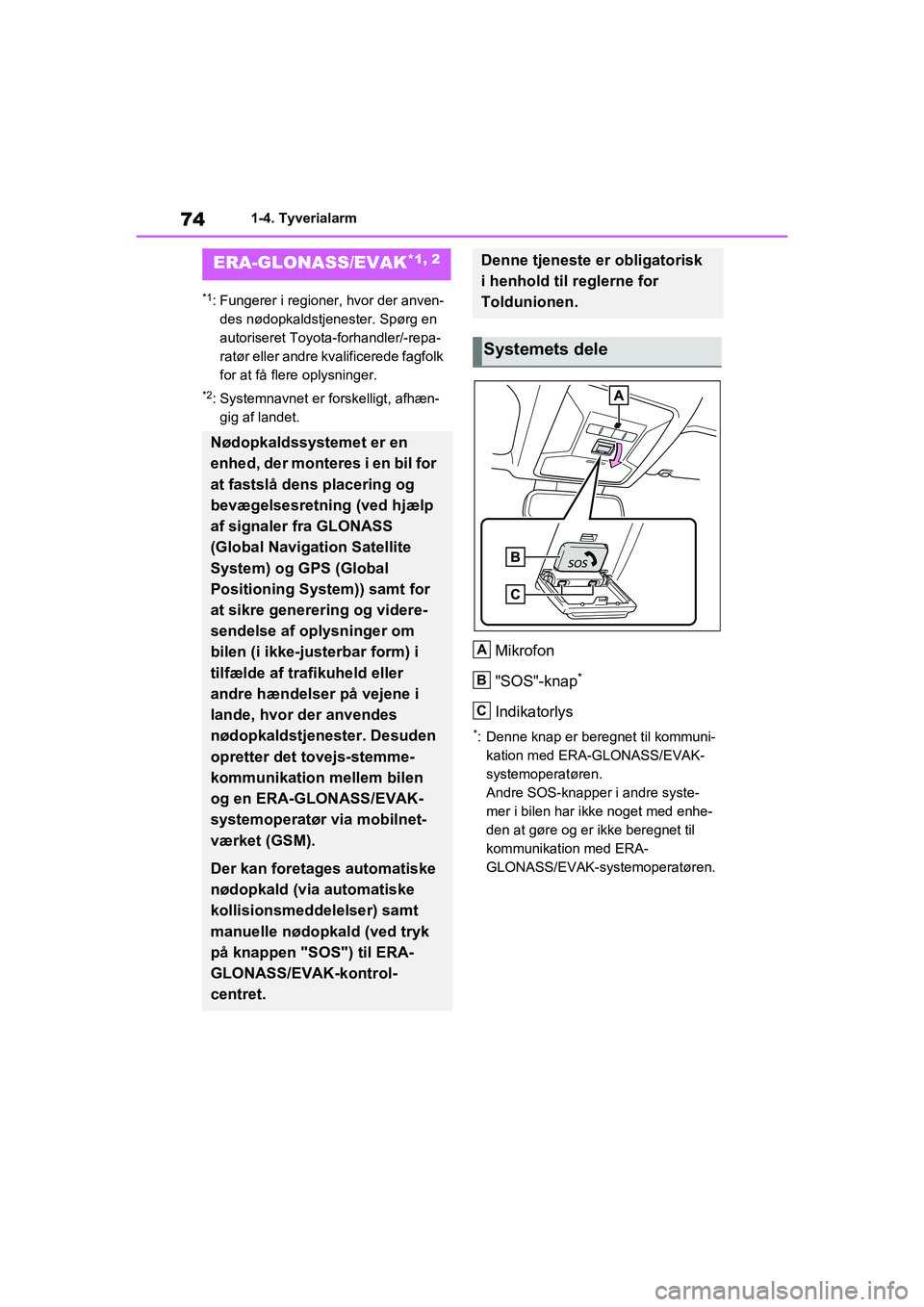TOYOTA RAV4 2020 Brugsanvisning (in Danish) 741-4. Tyverialarm
1-4.Tyverialarm
*1: Fungerer i regioner, hvor der anven-des nødopkaldstjenester. Spørg en
autoriseret Toyota-forhandler/-repa-
ratør eller andre kvalificerede fagfolk
for at f TOYOTA RAV4 2020 Brugsanvisning (in Danish) 741-4. Tyverialarm
1-4.Tyverialarm
*1: Fungerer i regioner, hvor der anven-des nødopkaldstjenester. Spørg en
autoriseret Toyota-forhandler/-repa-
ratør eller andre kvalificerede fagfolk
for at f