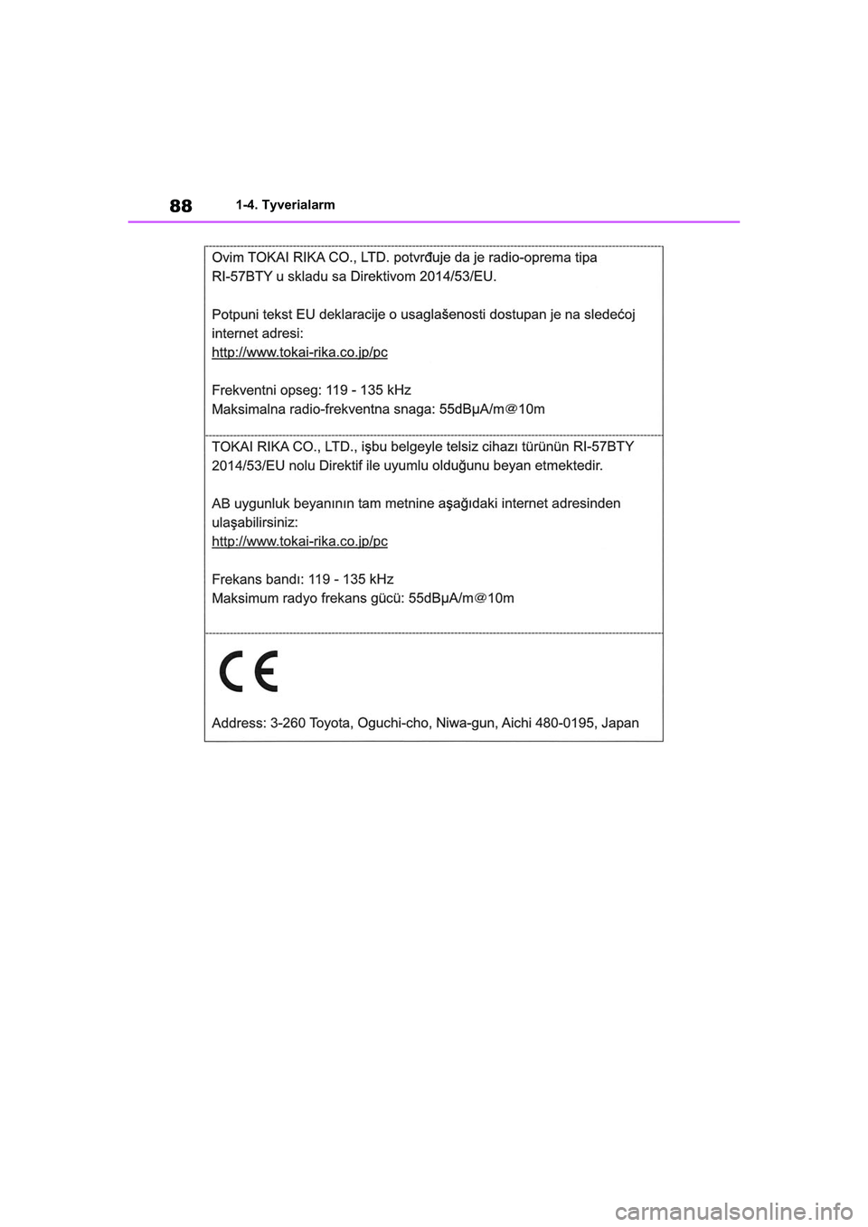 TOYOTA RAV4 2020 Brugsanvisning (in Danish) 881-4. Tyverialarm
OM42D20DK.book Page 88 Friday, November 27, 2020 1:56 PM TOYOTA RAV4 2020 Brugsanvisning (in Danish) 881-4. Tyverialarm
OM42D20DK.book Page 88 Friday, November 27, 2020 1:56 PM