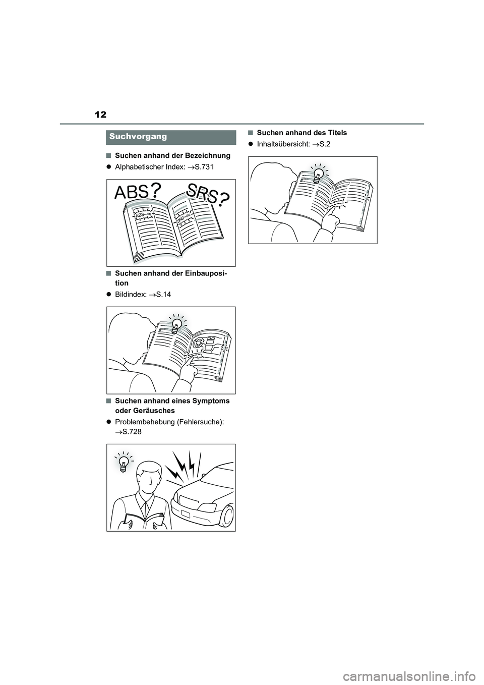 TOYOTA RAV4 2020 Betriebsanleitungen (in German) 12
■Suchen anhand der Bezeichnung
Alphabetischer Index: S.731
■Suchen anhand der Einbauposi-
tion
Bildindex: S.14
■Suchen anhand eines Symptoms
oder Geräusches
Problembehebung ( TOYOTA RAV4 2020 Betriebsanleitungen (in German) 12
■Suchen anhand der Bezeichnung
Alphabetischer Index: S.731
■Suchen anhand der Einbauposi-
tion
Bildindex: S.14
■Suchen anhand eines Symptoms
oder Geräusches
Problembehebung (