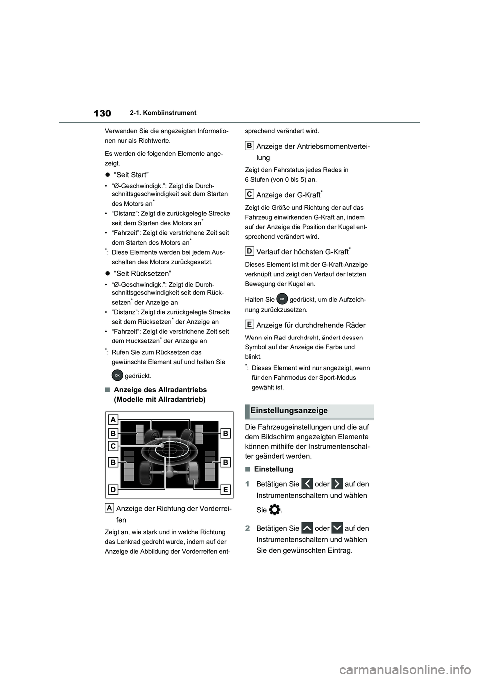 TOYOTA RAV4 2020 Betriebsanleitungen (in German) 1302-1. Kombiinstrument
Verwenden Sie die angezeigten Informatio-
nen nur als Richtwerte.
Es werden die folgenden Elemente ange-
zeigt.
“Seit Start”
• “Ø-Geschwindigk.”: Zeigt die Durch- TOYOTA RAV4 2020 Betriebsanleitungen (in German) 1302-1. Kombiinstrument
Verwenden Sie die angezeigten Informatio-
nen nur als Richtwerte.
Es werden die folgenden Elemente ange-
zeigt.
“Seit Start”
• “Ø-Geschwindigk.”: Zeigt die Durch-