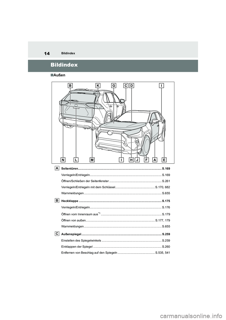 TOYOTA RAV4 2020 Betriebsanleitungen (in German) 14Bildindex
Bildindex
■Außen
Seitentüren................................................................................................... S.169
Verriegeln/Entriegeln ............................ TOYOTA RAV4 2020 Betriebsanleitungen (in German) 14Bildindex
Bildindex
■Außen
Seitentüren................................................................................................... S.169
Verriegeln/Entriegeln ............................