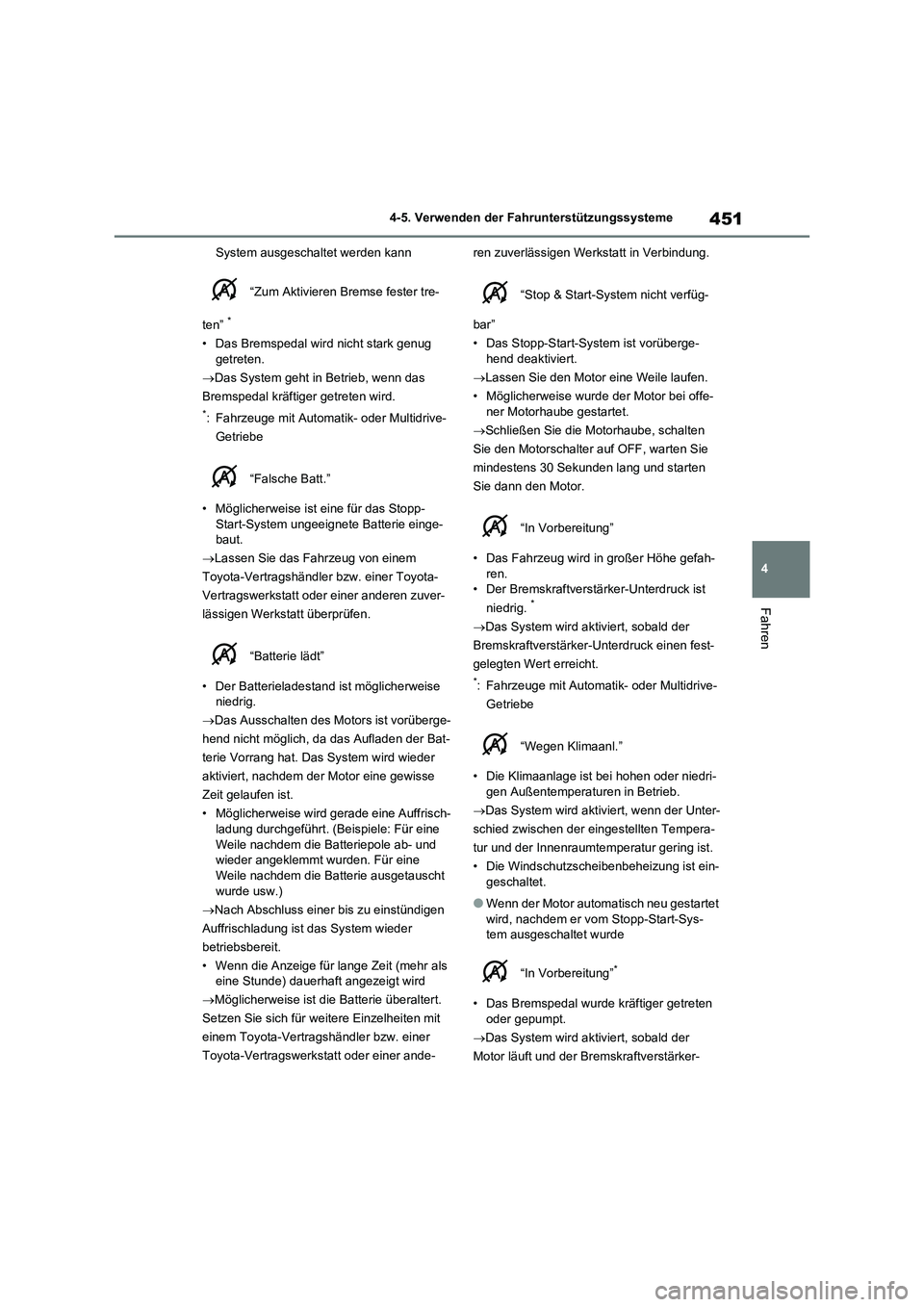 TOYOTA RAV4 2020  Betriebsanleitungen (in German) 451
4 4-5. Verwenden der Fahrunterstützungssysteme
Fahren
System ausgeschaltet werden kann
 “Zum Aktivieren Bremse fester tre-
ten” 
*
• Das Bremspedal wird nicht stark genug 
getreten.
Das 