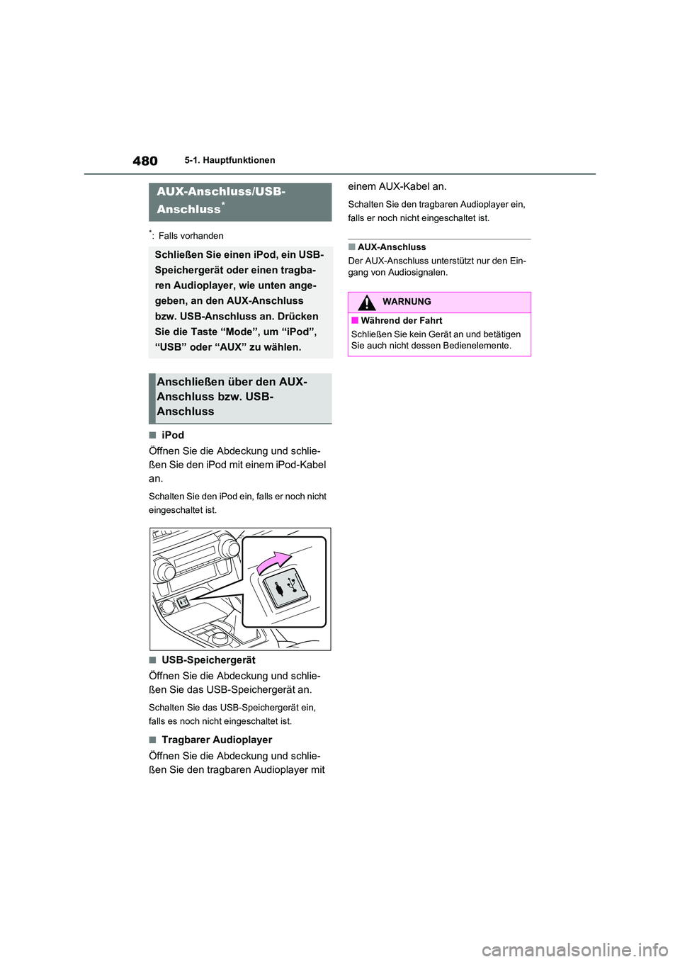 TOYOTA RAV4 2020  Betriebsanleitungen (in German) 4805-1. Hauptfunktionen
*: Falls vorhanden
■iPod 
Öffnen Sie die Abdeckung und schlie- 
ßen Sie den iPod mit einem iPod-Kabel 
an.
Schalten Sie den iPod ein, falls er noch nicht  
eingeschaltet is