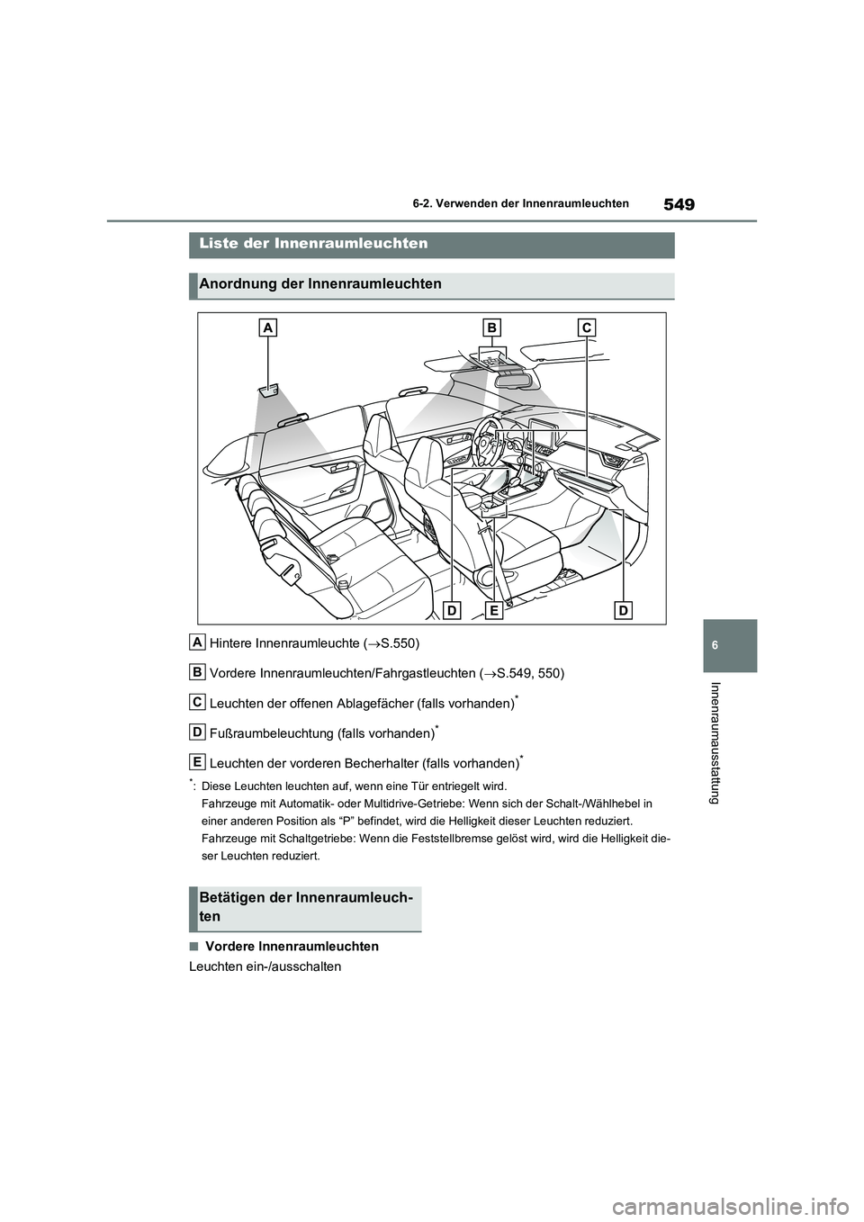 TOYOTA RAV4 2020 Betriebsanleitungen (in German) 549
6 6-2. Verwenden der Innenraumleuchten
Innenraumausstattung
6-2.Verwenden der Innenraumleuchten
Hintere Innenraumleuchte (S.550)
Vordere Innenraumleuchten/Fahrgastleuchten (S.549, 550)
Leuch TOYOTA RAV4 2020 Betriebsanleitungen (in German) 549
6 6-2. Verwenden der Innenraumleuchten
Innenraumausstattung
6-2.Verwenden der Innenraumleuchten
Hintere Innenraumleuchte (S.550)
Vordere Innenraumleuchten/Fahrgastleuchten (S.549, 550)
Leuch