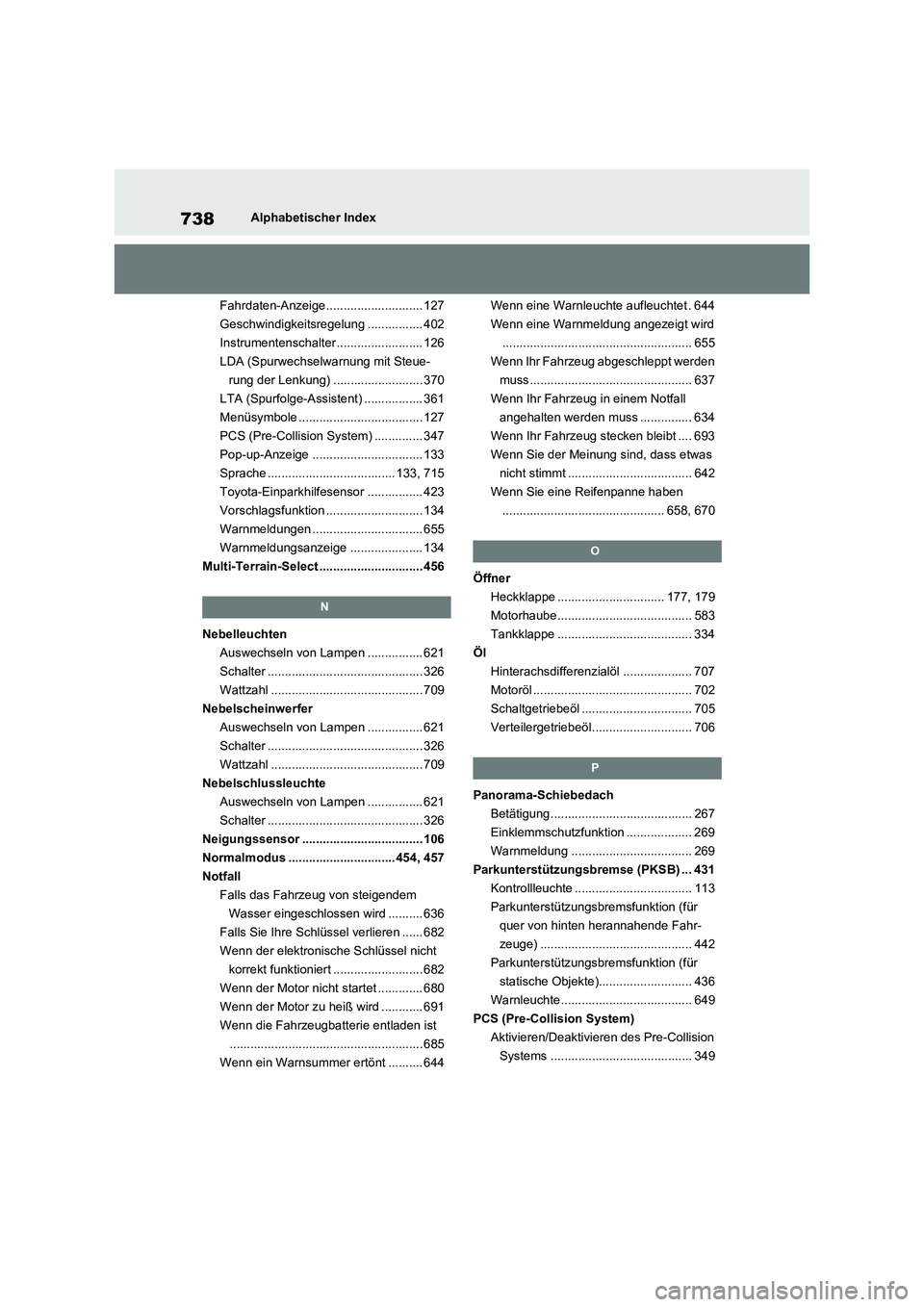 TOYOTA RAV4 2020 Betriebsanleitungen (in German) 738Alphabetischer Index
Fahrdaten-Anzeige............................ 127
Geschwindigkeitsregelung ................ 402
Instrumentenschalter ......................... 126
LDA (Spurwechselwarnung mit S TOYOTA RAV4 2020 Betriebsanleitungen (in German) 738Alphabetischer Index
Fahrdaten-Anzeige............................ 127
Geschwindigkeitsregelung ................ 402
Instrumentenschalter ......................... 126
LDA (Spurwechselwarnung mit S