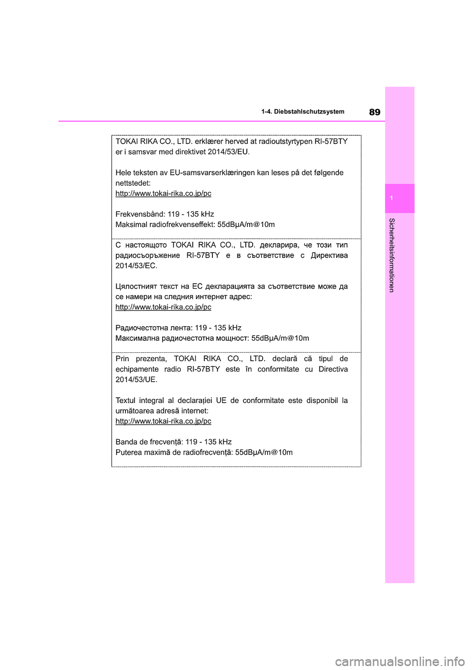 TOYOTA RAV4 2020 Betriebsanleitungen (in German) 89
1
1-4. Diebstahlschutzsystem
Sicherheitsinformationen TOYOTA RAV4 2020 Betriebsanleitungen (in German) 89
1
1-4. Diebstahlschutzsystem
Sicherheitsinformationen