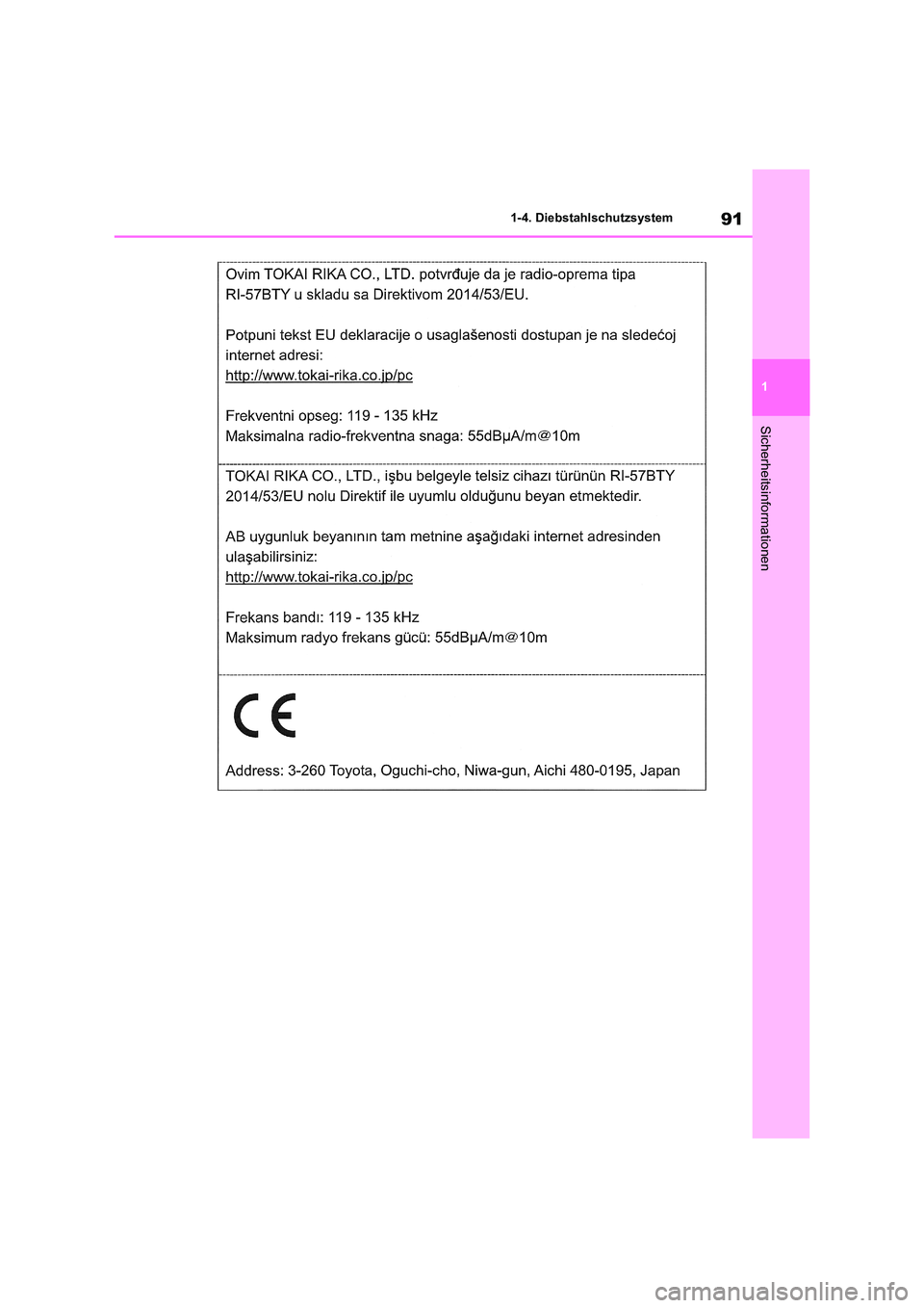 TOYOTA RAV4 2020 Betriebsanleitungen (in German) 91
1
1-4. Diebstahlschutzsystem
Sicherheitsinformationen TOYOTA RAV4 2020 Betriebsanleitungen (in German) 91
1
1-4. Diebstahlschutzsystem
Sicherheitsinformationen