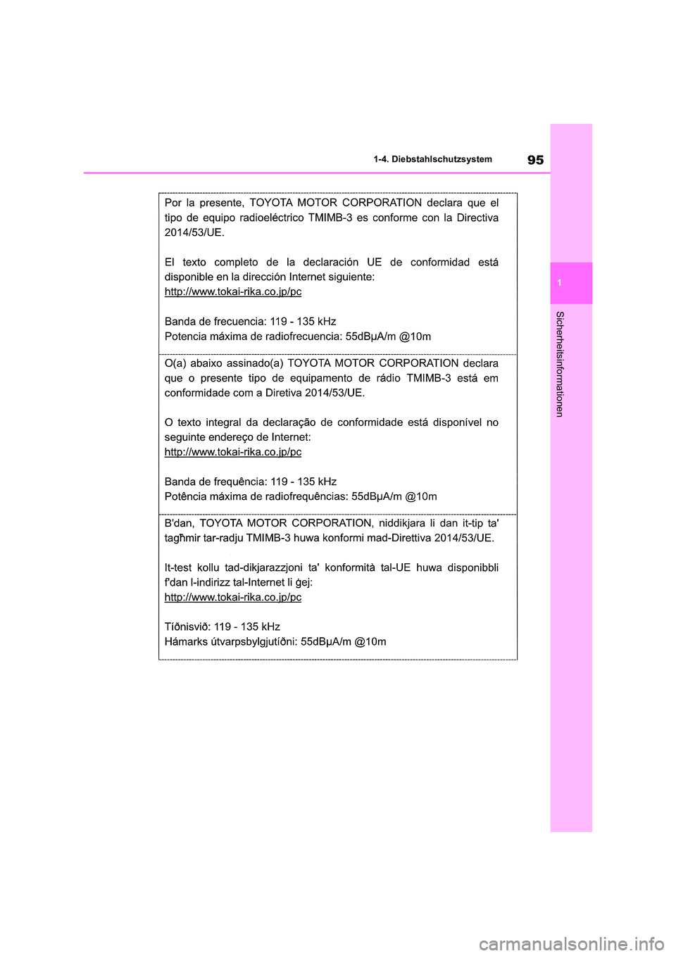 TOYOTA RAV4 2020 Betriebsanleitungen (in German) 95
1
1-4. Diebstahlschutzsystem
Sicherheitsinformationen TOYOTA RAV4 2020 Betriebsanleitungen (in German) 95
1
1-4. Diebstahlschutzsystem
Sicherheitsinformationen