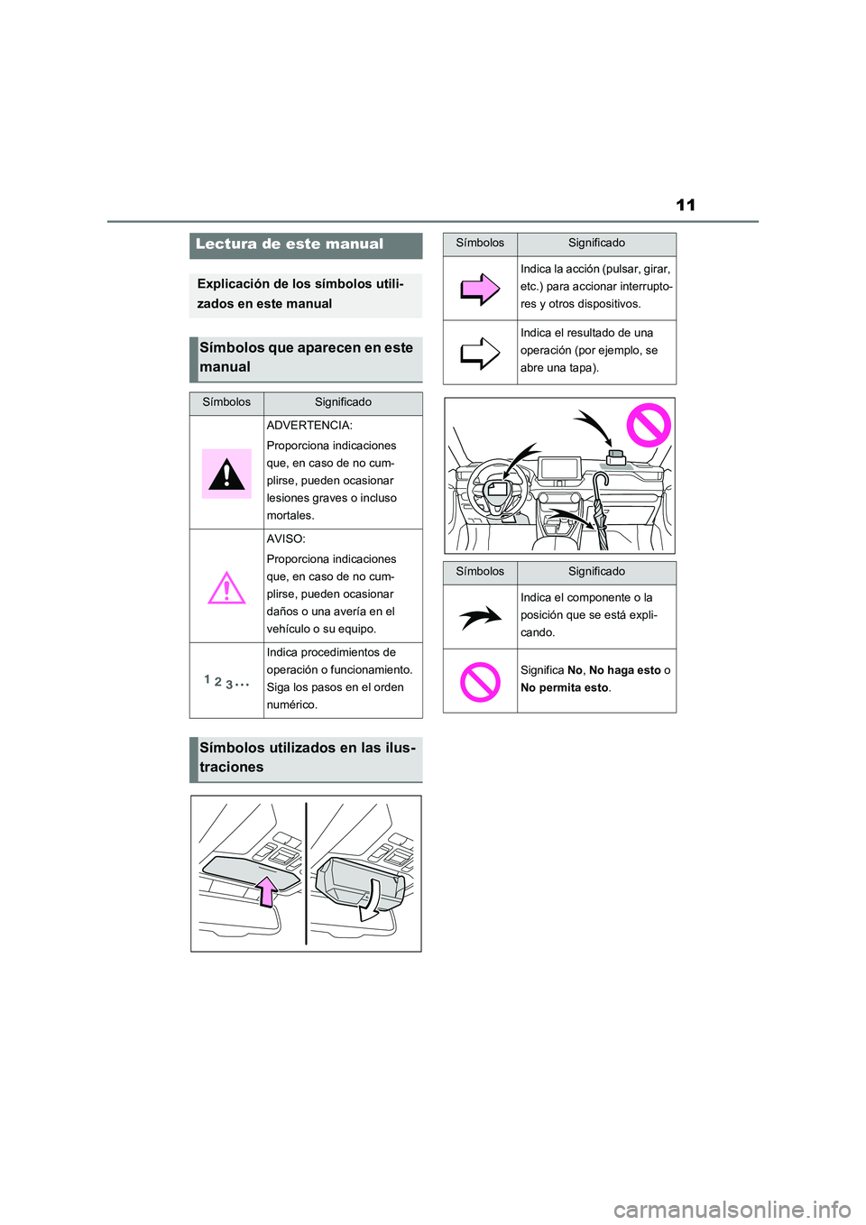 TOYOTA RAV4 2020 Manual del propietario (in Spanish) 11
Lectura de este manual
Explicación de los símbolos utili-
zados en este manual
Símbolos que aparecen en este
manual
SímbolosSignificado
ADVERTENCIA:
Proporciona indicaciones
que, en caso de n TOYOTA RAV4 2020 Manual del propietario (in Spanish) 11
Lectura de este manual
Explicación de los símbolos utili-
zados en este manual
Símbolos que aparecen en este
manual
SímbolosSignificado
ADVERTENCIA:
Proporciona indicaciones
que, en caso de n