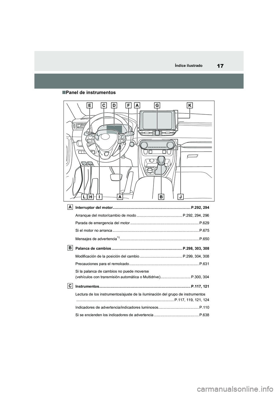 TOYOTA RAV4 2020 Manual del propietario (in Spanish) 17Índice ilustrado
■Panel de instrumentos
Interruptor del motor........................................................................... P.292, 294
Arranque del motor/cambio de modo ............. TOYOTA RAV4 2020 Manual del propietario (in Spanish) 17Índice ilustrado
■Panel de instrumentos
Interruptor del motor........................................................................... P.292, 294
Arranque del motor/cambio de modo .............