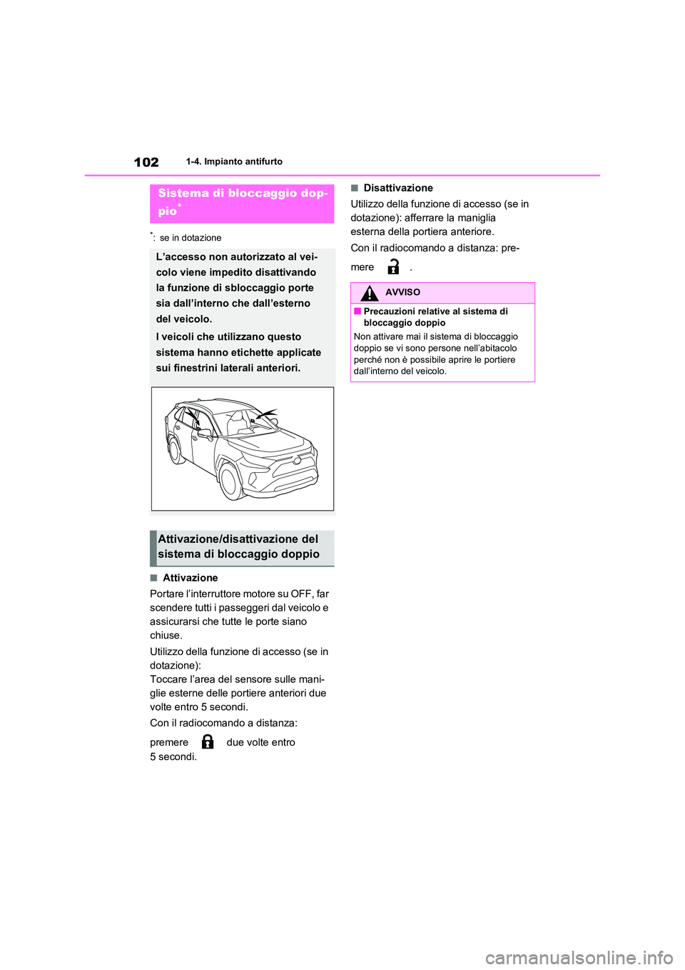 TOYOTA RAV4 2020 Manuale duso (in Italian) 1021-4. Impianto antifurto
*: se in dotazione
■Attivazione
Portare l’interruttore motore su OFF, far
scendere tutti i passeggeri dal veicolo e
assicurarsi che tutte le porte siano
chiuse.
U TOYOTA RAV4 2020 Manuale duso (in Italian) 1021-4. Impianto antifurto
*: se in dotazione
■Attivazione
Portare l’interruttore motore su OFF, far
scendere tutti i passeggeri dal veicolo e
assicurarsi che tutte le porte siano
chiuse.
U