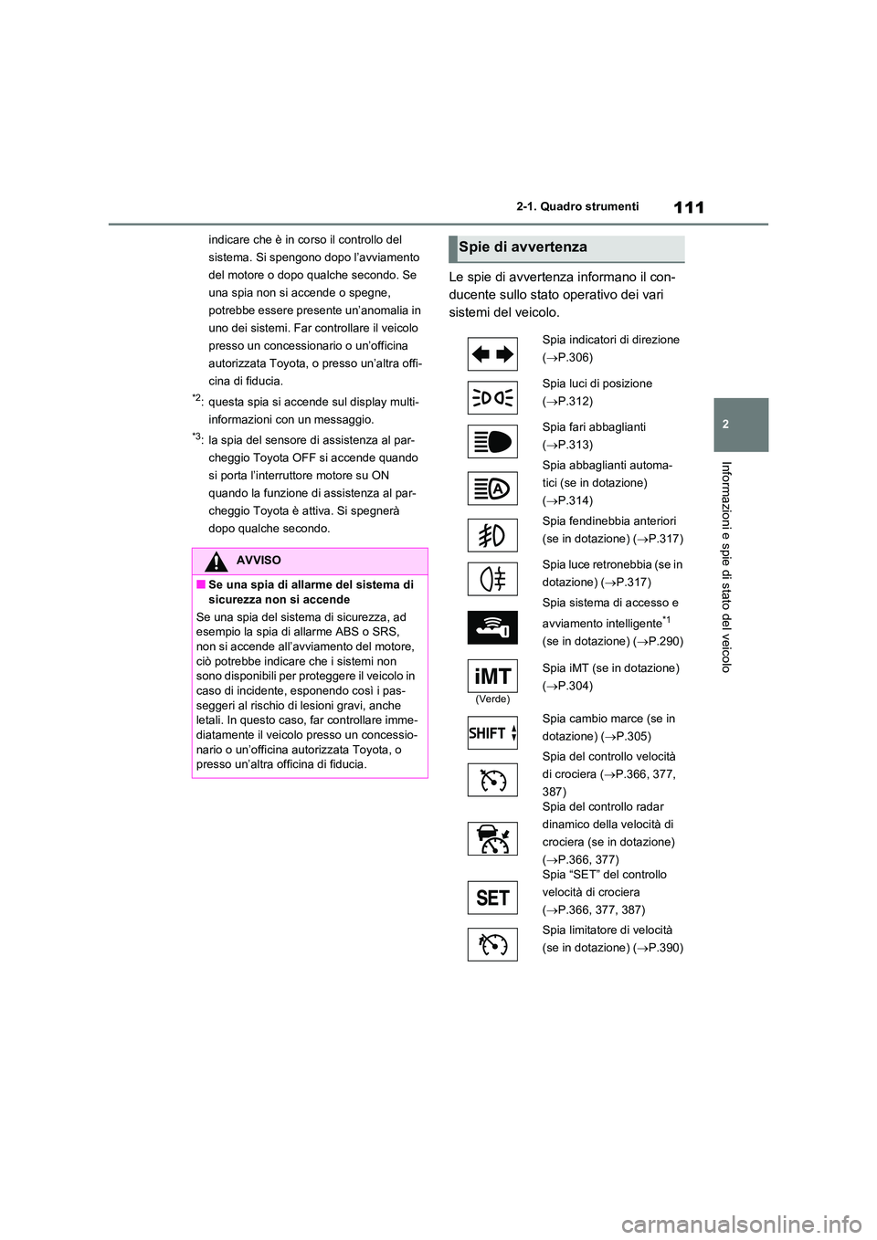 TOYOTA RAV4 2020 Manuale duso (in Italian) 111
2
2-1. Quadro strumenti
Informazioni e spie di stato del veicolo
indicare che è in co rso il controllo del
sistema. Si spengono dopo l’avviamento
del motore o dopo qualche secondo. Se
una TOYOTA RAV4 2020 Manuale duso (in Italian) 111
2
2-1. Quadro strumenti
Informazioni e spie di stato del veicolo
indicare che è in co rso il controllo del
sistema. Si spengono dopo l’avviamento
del motore o dopo qualche secondo. Se
una