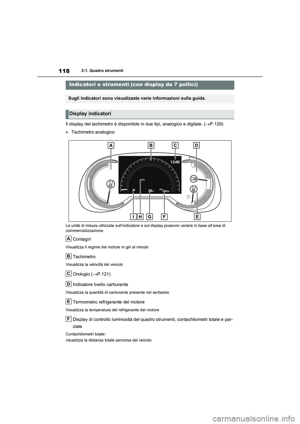 TOYOTA RAV4 2020 Manuale duso (in Italian) 1182-1. Quadro strumenti
Il display del tachimetro è disponibile in due tipi, analogico e digitale. (P.128)
Tachimetro analogico
Le unità di misura utilizzate sull’indicatore e sul display p TOYOTA RAV4 2020 Manuale duso (in Italian) 1182-1. Quadro strumenti
Il display del tachimetro è disponibile in due tipi, analogico e digitale. (P.128)
Tachimetro analogico
Le unità di misura utilizzate sull’indicatore e sul display p