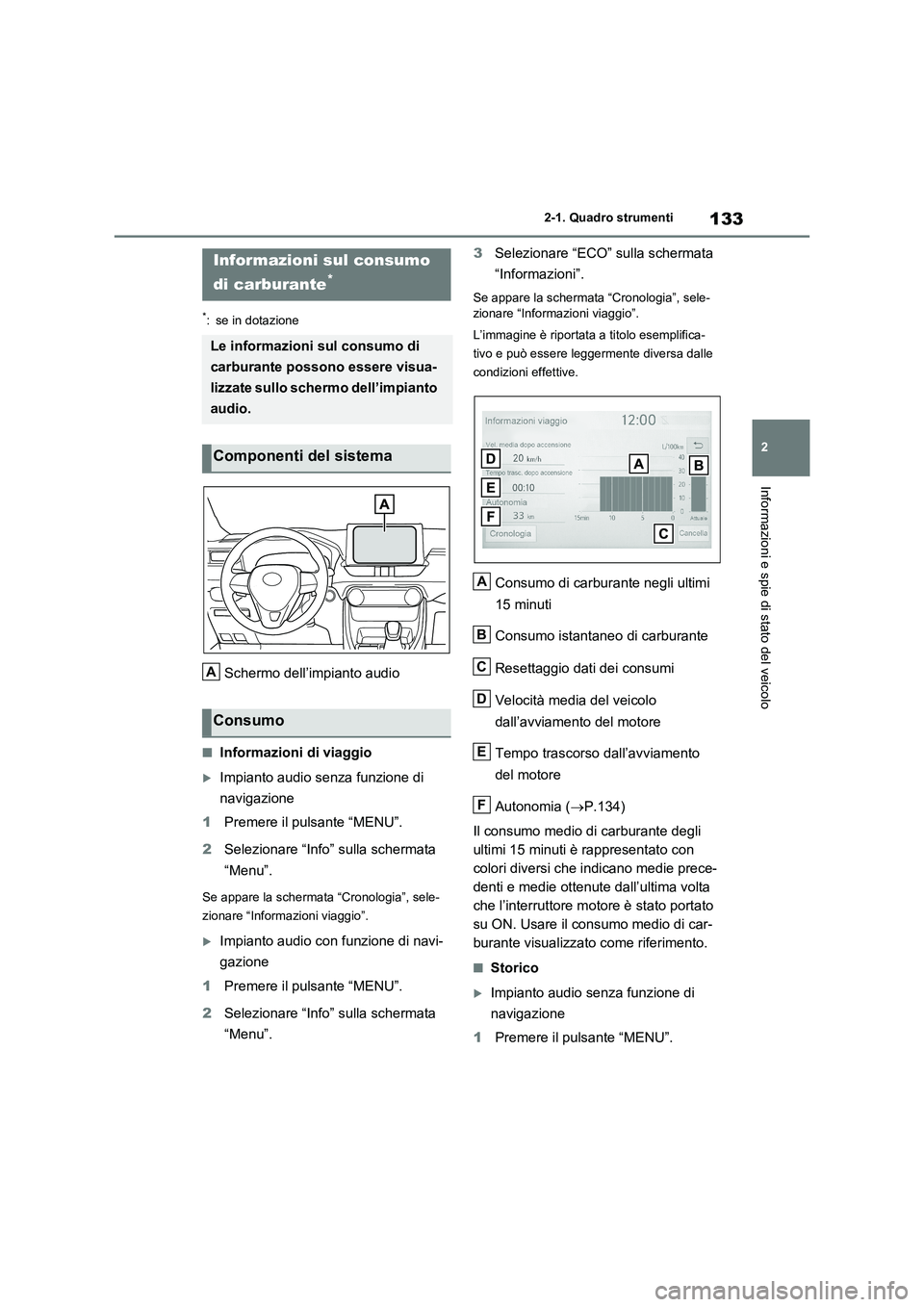 TOYOTA RAV4 2020 Manuale duso (in Italian) 133
2 2-1. Quadro strumenti
Informazioni e spie di stato del veicolo
*: se in dotazione
Schermo dell’impianto audio
■Informazioni di viaggio
Impianto audio senza funzione di
navigazione
1Preme TOYOTA RAV4 2020 Manuale duso (in Italian) 133
2 2-1. Quadro strumenti
Informazioni e spie di stato del veicolo
*: se in dotazione
Schermo dell’impianto audio
■Informazioni di viaggio
Impianto audio senza funzione di
navigazione
1Preme