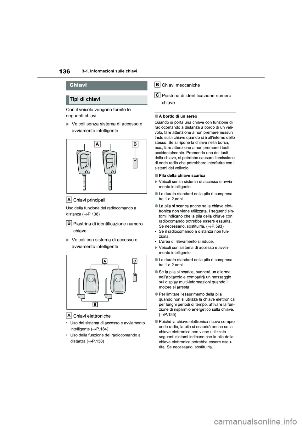 TOYOTA RAV4 2020 Manuale duso (in Italian) 1363-1. Informazioni sulle chiavi
3-1.Informazioni sulle chiavi
Con il veicolo vengono fornite le
seguenti chiavi.
Veicoli senza sistema di accesso e
avviamento intelligente
Chiavi principali
Uso TOYOTA RAV4 2020 Manuale duso (in Italian) 1363-1. Informazioni sulle chiavi
3-1.Informazioni sulle chiavi
Con il veicolo vengono fornite le
seguenti chiavi.
Veicoli senza sistema di accesso e
avviamento intelligente
Chiavi principali
Uso