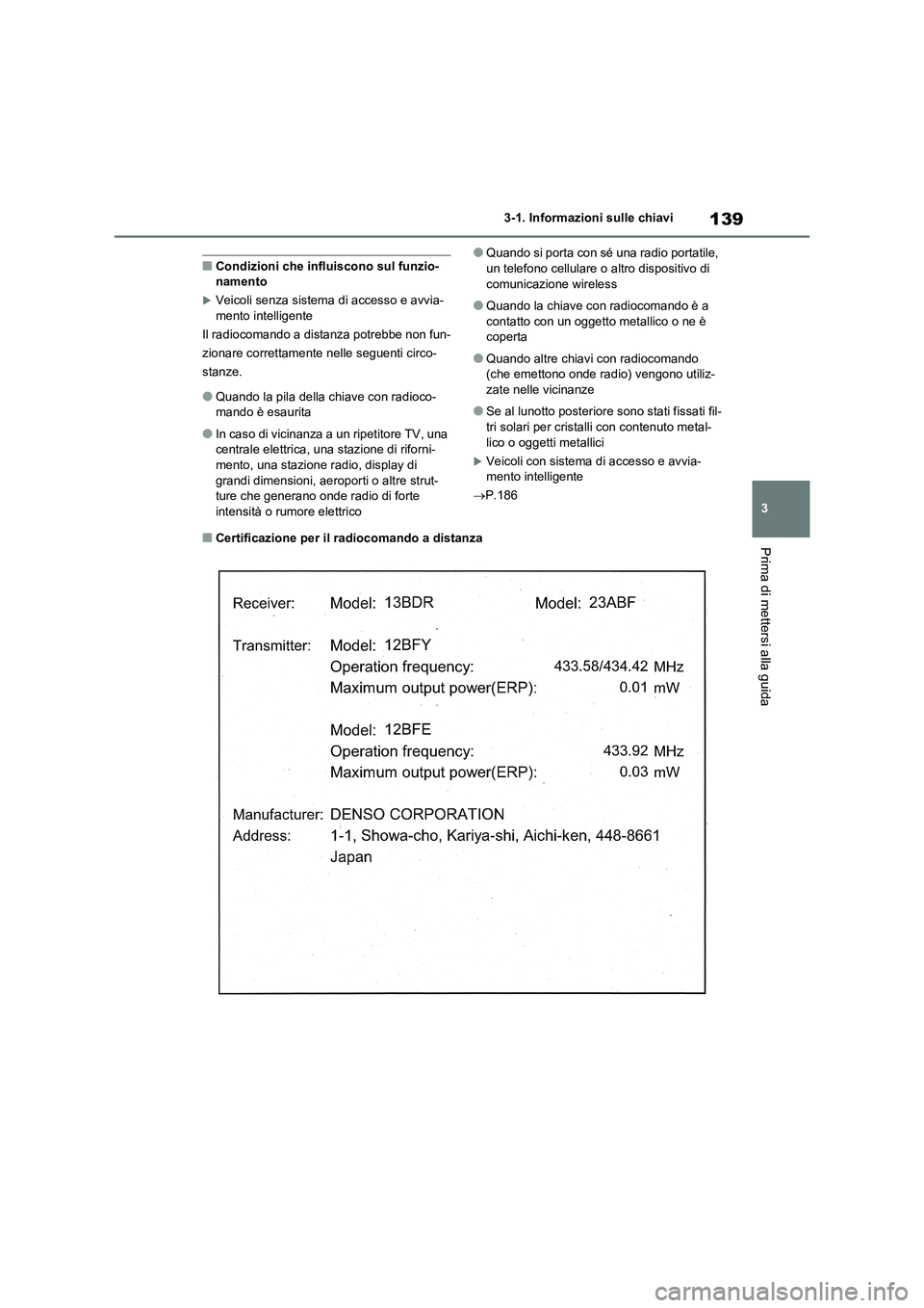 TOYOTA RAV4 2020 Manuale duso (in Italian) 139
3 3-1. Informazioni sulle chiavi
Prima di mettersi alla guida
■Condizioni che influiscono sul funzio-
namento
Veicoli senza sistema di accesso e avvia-
mento intelligente
Il radiocomando a di TOYOTA RAV4 2020 Manuale duso (in Italian) 139
3 3-1. Informazioni sulle chiavi
Prima di mettersi alla guida
■Condizioni che influiscono sul funzio-
namento
Veicoli senza sistema di accesso e avvia-
mento intelligente
Il radiocomando a di