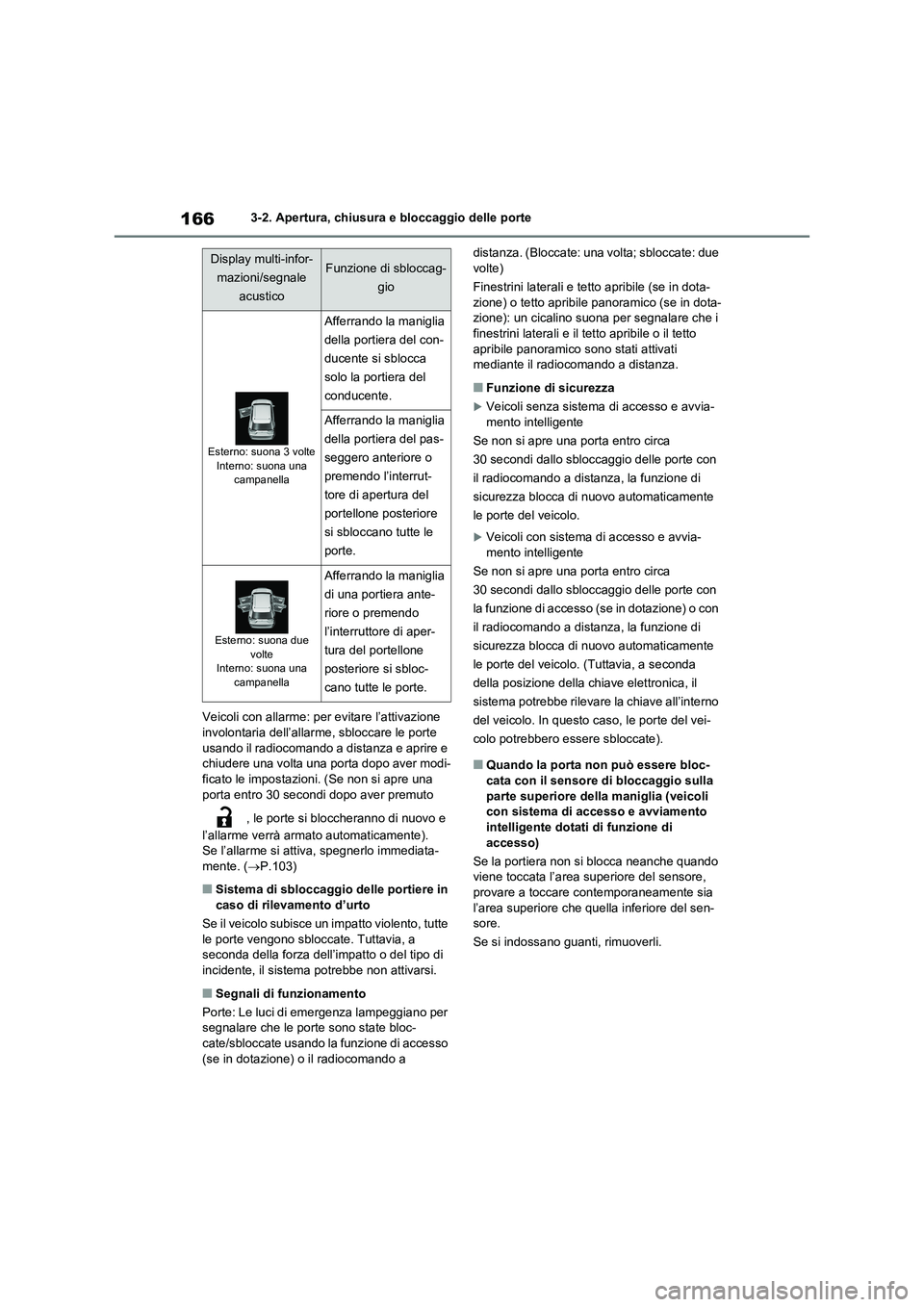 TOYOTA RAV4 2020 Manuale duso (in Italian) 1663-2. Apertura, chiusura e bloccaggio delle porte
Veicoli con allarme: per evitare l’attivazione
involontaria dell’allarme, sbloccare le porte
usando il radiocomando a distanza e aprire e
chi TOYOTA RAV4 2020 Manuale duso (in Italian) 1663-2. Apertura, chiusura e bloccaggio delle porte
Veicoli con allarme: per evitare l’attivazione
involontaria dell’allarme, sbloccare le porte
usando il radiocomando a distanza e aprire e
chi