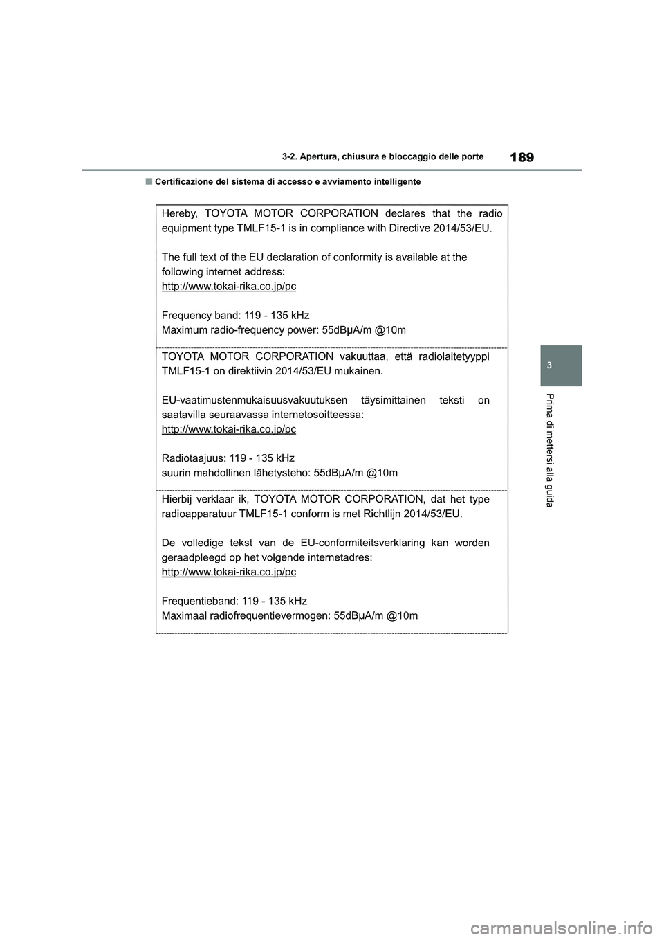 TOYOTA RAV4 2020  Manuale duso (in Italian) 189
3 3-2. Apertura, chiusura e bloccaggio delle porte
Prima di mettersi alla guida
■Certificazione del sistema di accesso e avviamento intelligente 
