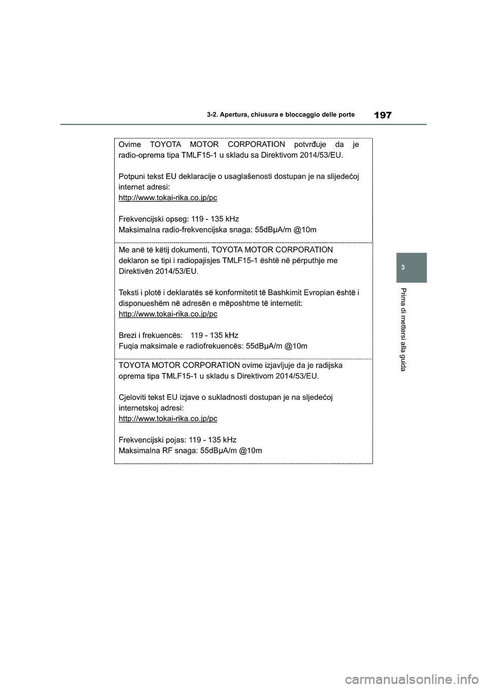 TOYOTA RAV4 2020  Manuale duso (in Italian) 197
3 3-2. Apertura, chiusura e bloccaggio delle porte
Prima di mettersi alla guida 
