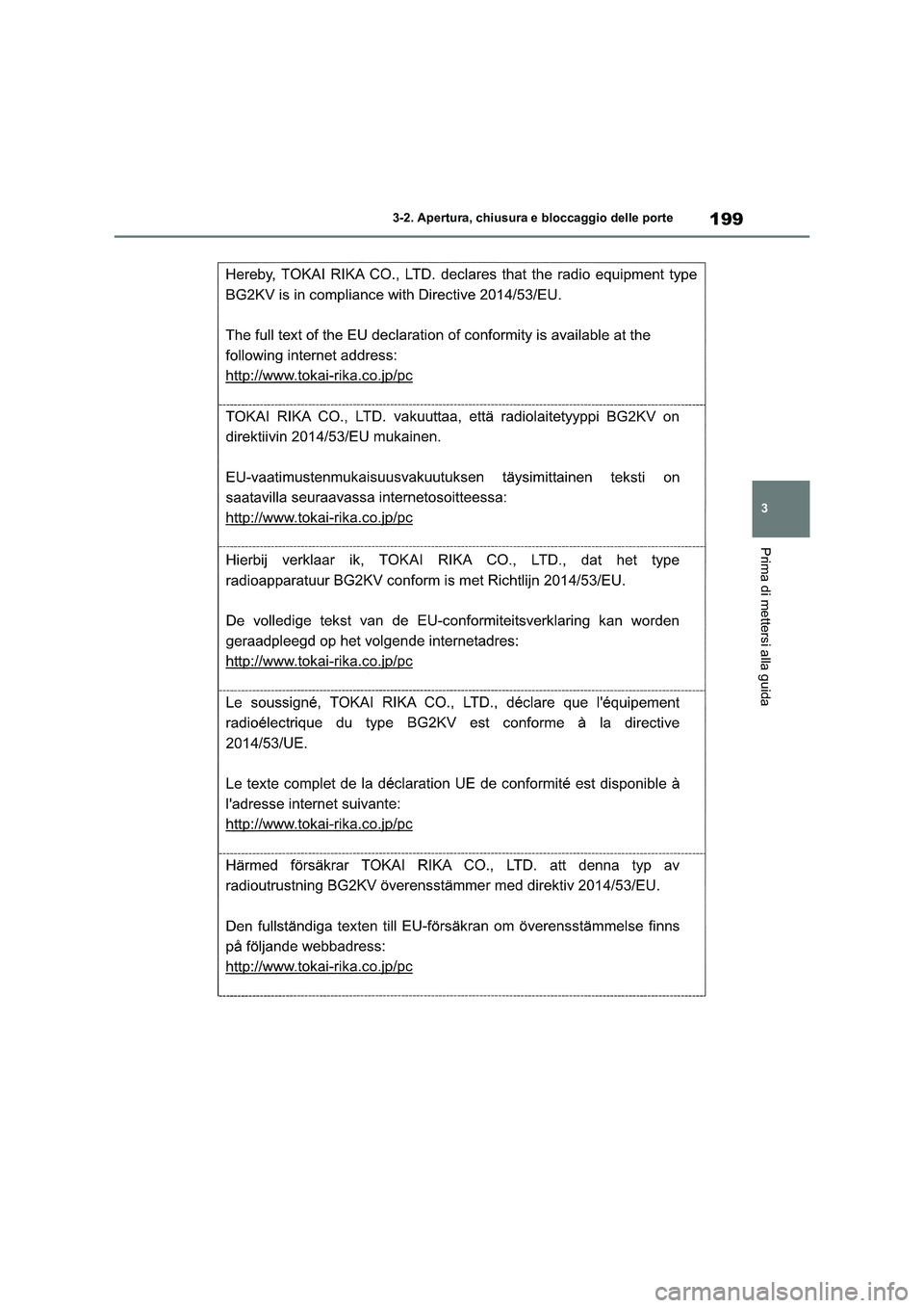 TOYOTA RAV4 2020  Manuale duso (in Italian) 199
3 3-2. Apertura, chiusura e bloccaggio delle porte
Prima di mettersi alla guida 