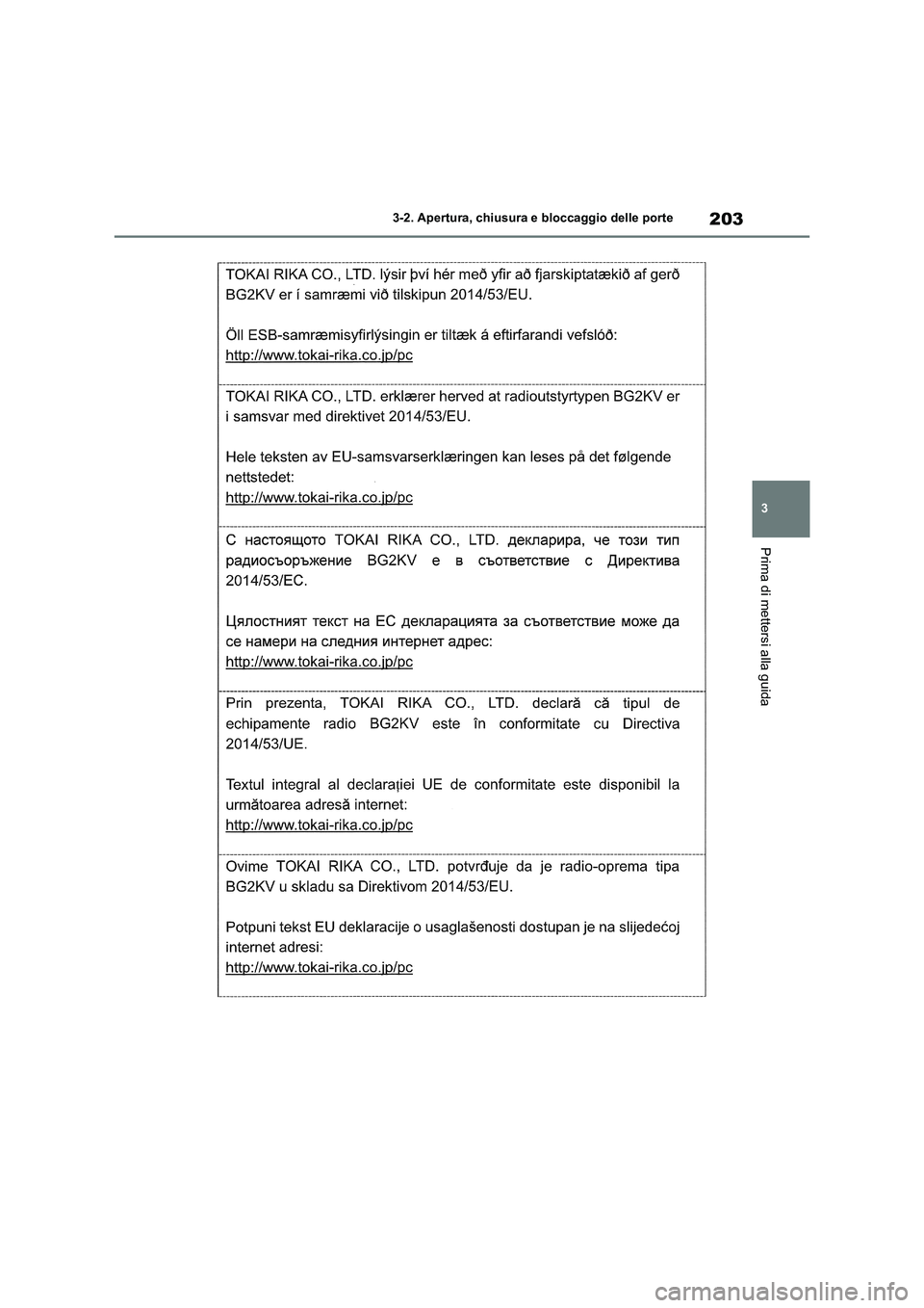 TOYOTA RAV4 2020 Manuale duso (in Italian) 203
3 3-2. Apertura, chiusura e bloccaggio delle porte
Prima di mettersi alla guida TOYOTA RAV4 2020 Manuale duso (in Italian) 203
3 3-2. Apertura, chiusura e bloccaggio delle porte
Prima di mettersi alla guida