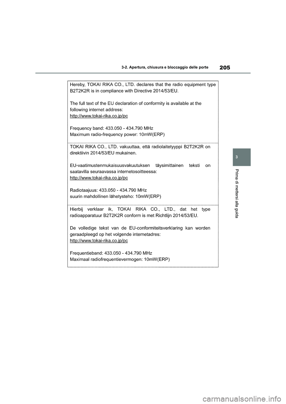 TOYOTA RAV4 2020 Manuale duso (in Italian) 205
3 3-2. Apertura, chiusura e bloccaggio delle porte
Prima di mettersi alla guida TOYOTA RAV4 2020 Manuale duso (in Italian) 205
3 3-2. Apertura, chiusura e bloccaggio delle porte
Prima di mettersi alla guida