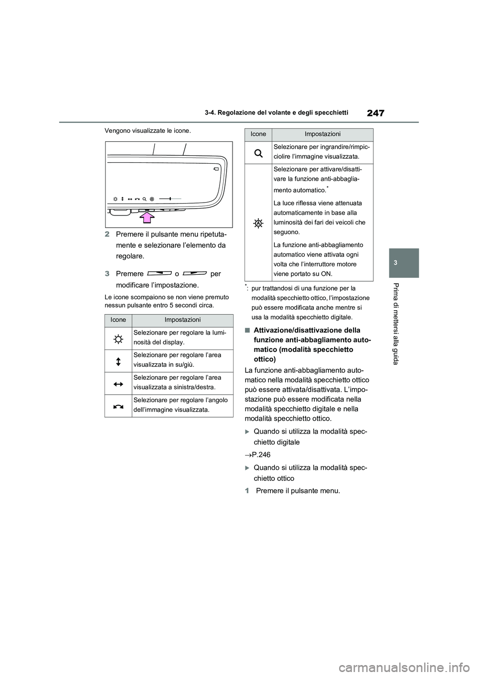 TOYOTA RAV4 2020 Manuale duso (in Italian) 247
3 3-4. Regolazione del volante e degli specchietti
Prima di mettersi alla guida
Vengono visualizzate le icone.
2Premere il pulsante menu ripetuta-
mente e selezionare l’elemento da
regolare.
3P TOYOTA RAV4 2020 Manuale duso (in Italian) 247
3 3-4. Regolazione del volante e degli specchietti
Prima di mettersi alla guida
Vengono visualizzate le icone.
2Premere il pulsante menu ripetuta-
mente e selezionare l’elemento da
regolare.
3P