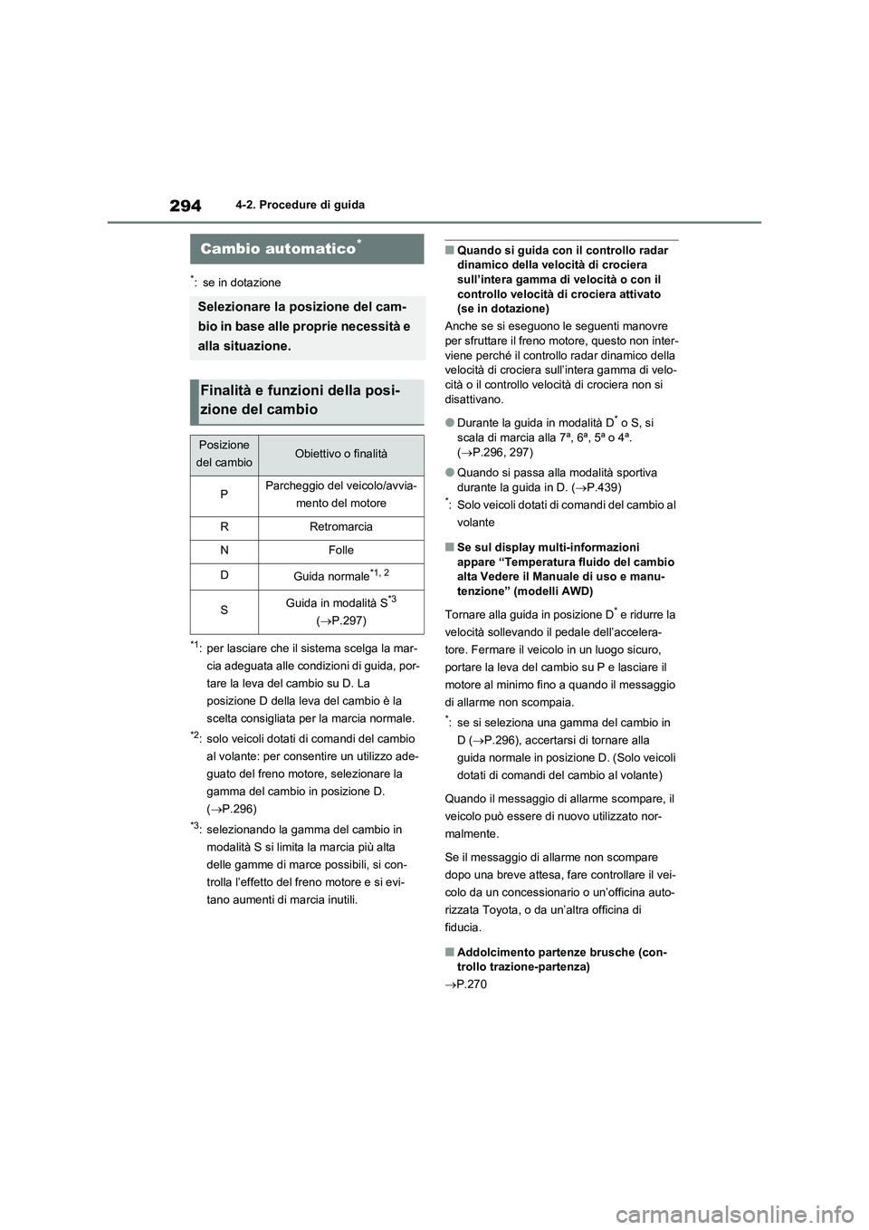 TOYOTA RAV4 2020 Manuale duso (in Italian) 2944-2. Procedure di guida
*: se in dotazione
*1: per lasciare che il sistema scelga la mar-
cia adeguata alle condizioni di guida, por-
tare la leva del cambio su D. La
posizione D della leva del ca TOYOTA RAV4 2020 Manuale duso (in Italian) 2944-2. Procedure di guida
*: se in dotazione
*1: per lasciare che il sistema scelga la mar-
cia adeguata alle condizioni di guida, por-
tare la leva del cambio su D. La
posizione D della leva del ca