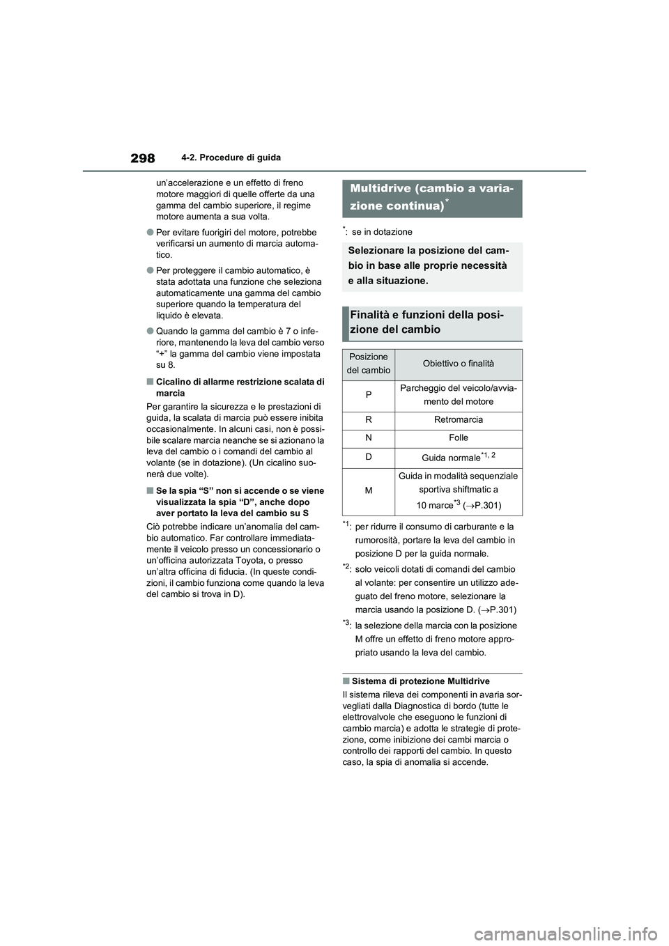 TOYOTA RAV4 2020 Manuale duso (in Italian) 2984-2. Procedure di guida
un’accelerazione e un effetto di freno
motore maggiori di quelle offerte da una
gamma del cambio superiore, il regime
motore aumenta a sua volta.
●Per evitare fuorigi TOYOTA RAV4 2020 Manuale duso (in Italian) 2984-2. Procedure di guida
un’accelerazione e un effetto di freno
motore maggiori di quelle offerte da una
gamma del cambio superiore, il regime
motore aumenta a sua volta.
●Per evitare fuorigi