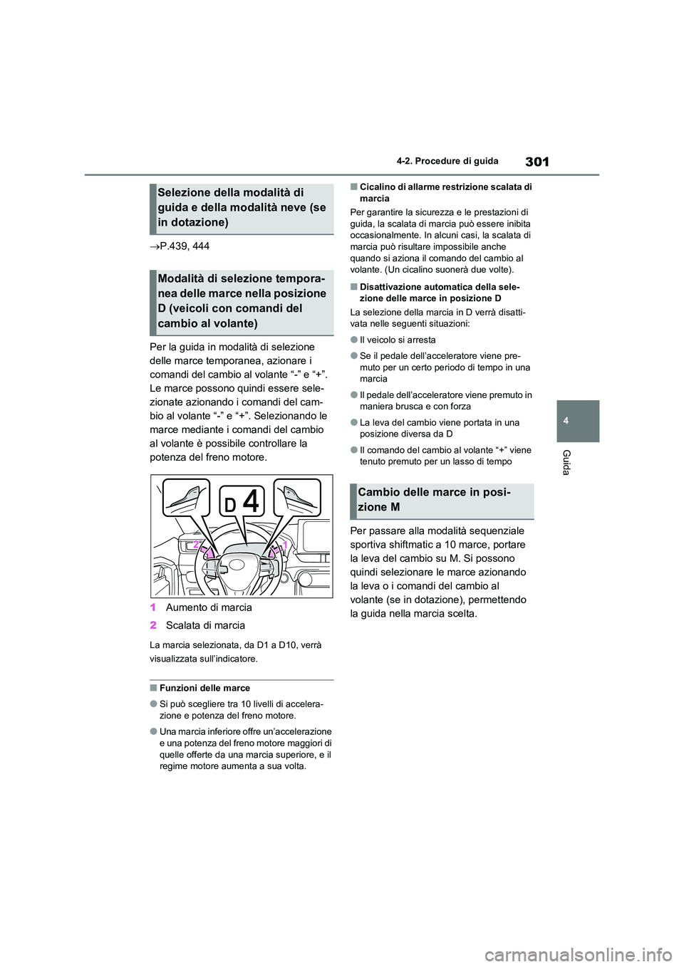 TOYOTA RAV4 2020 Manuale duso (in Italian) 301
4
4-2. Procedure di guida
Guida
P.439, 444
Per la guida in modalità di selezione
delle marce temporanea, azionare i
comandi del cambio al volante “-” e “+”.
Le marce possono qui TOYOTA RAV4 2020 Manuale duso (in Italian) 301
4
4-2. Procedure di guida
Guida
P.439, 444
Per la guida in modalità di selezione
delle marce temporanea, azionare i
comandi del cambio al volante “-” e “+”.
Le marce possono qui