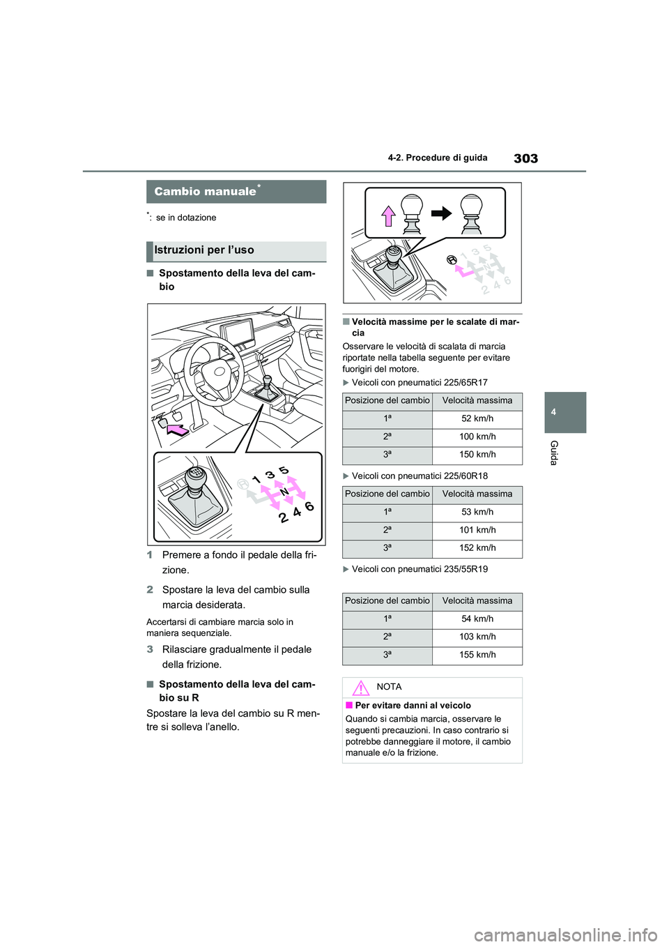 TOYOTA RAV4 2020 Manuale duso (in Italian) 303
4
4-2. Procedure di guida
Guida
*: se in dotazione
■Spostamento della leva del cam-
bio
1 Premere a fondo il pedale della fri-
zione.
2 Spostare la leva del cambio sulla
marcia desiderata TOYOTA RAV4 2020 Manuale duso (in Italian) 303
4
4-2. Procedure di guida
Guida
*: se in dotazione
■Spostamento della leva del cam-
bio
1 Premere a fondo il pedale della fri-
zione.
2 Spostare la leva del cambio sulla
marcia desiderata