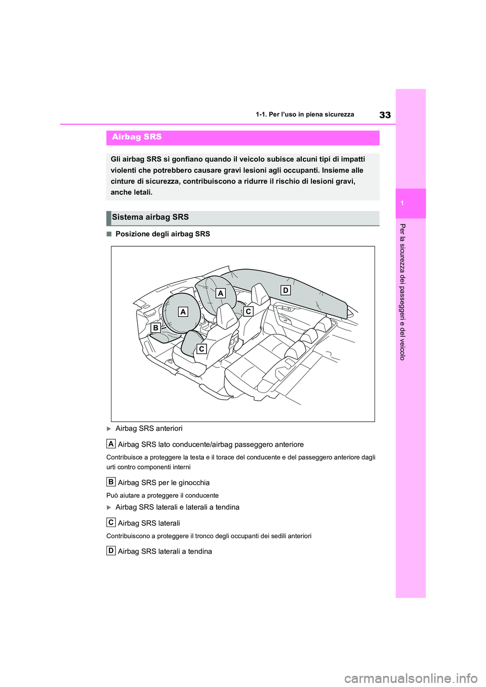 TOYOTA RAV4 2020  Manuale duso (in Italian) 33
1 
1-1. Per l’uso in piena sicurezza
Per la sicurezza dei passeggeri e del veicolo
■Posizione degli airbag SRS
Airbag SRS anteriori 
Airbag SRS lato conducente/airbag passeggero anteriore
Co
