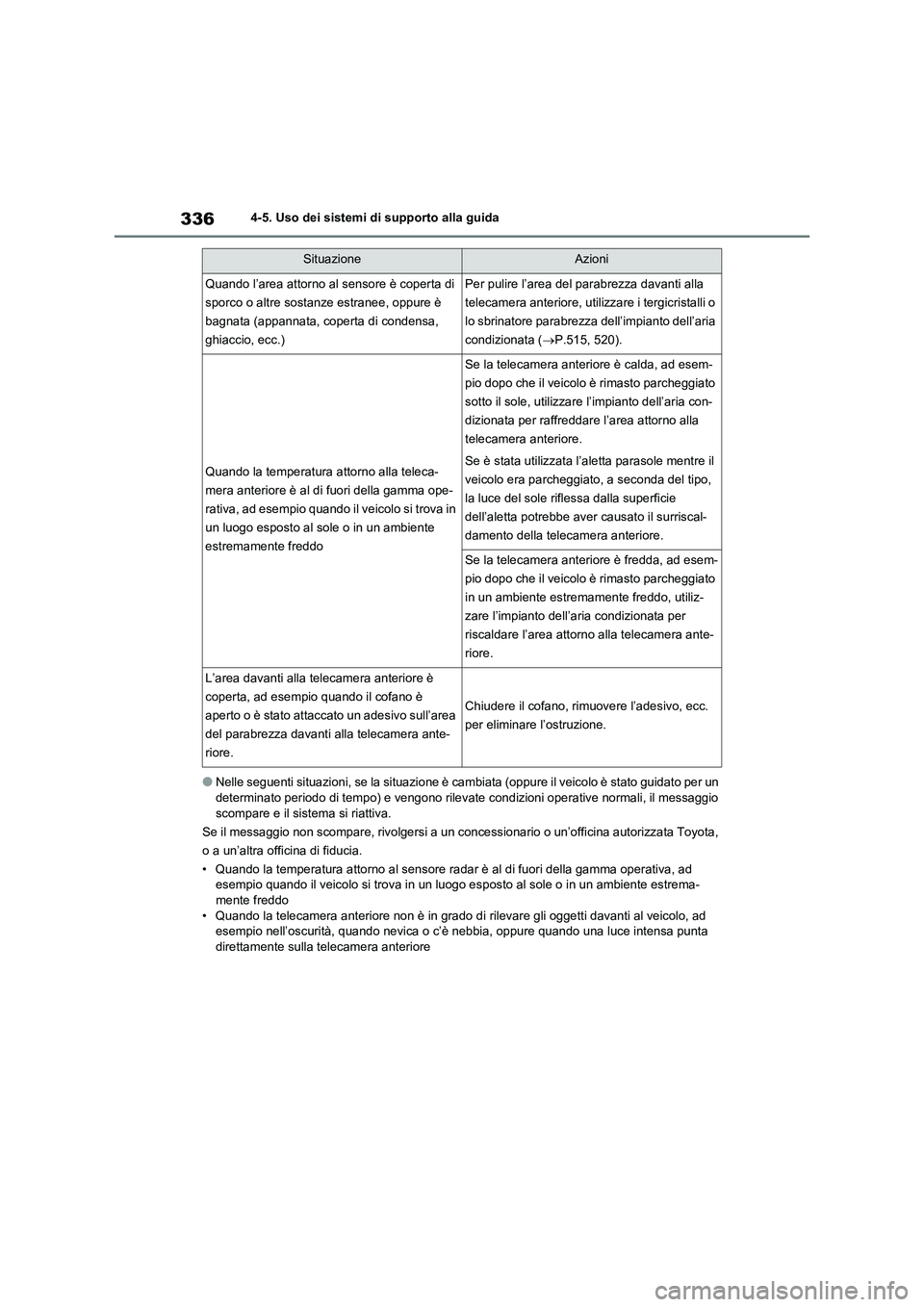 TOYOTA RAV4 2020 Manuale duso (in Italian) 3364-5. Uso dei sistemi di supporto alla guida
●Nelle seguenti situazioni, se la situazione è cambiata (oppure il veicolo è stato guidato per un
determinato periodo di tempo) e vengono rilevate c TOYOTA RAV4 2020 Manuale duso (in Italian) 3364-5. Uso dei sistemi di supporto alla guida
●Nelle seguenti situazioni, se la situazione è cambiata (oppure il veicolo è stato guidato per un
determinato periodo di tempo) e vengono rilevate c