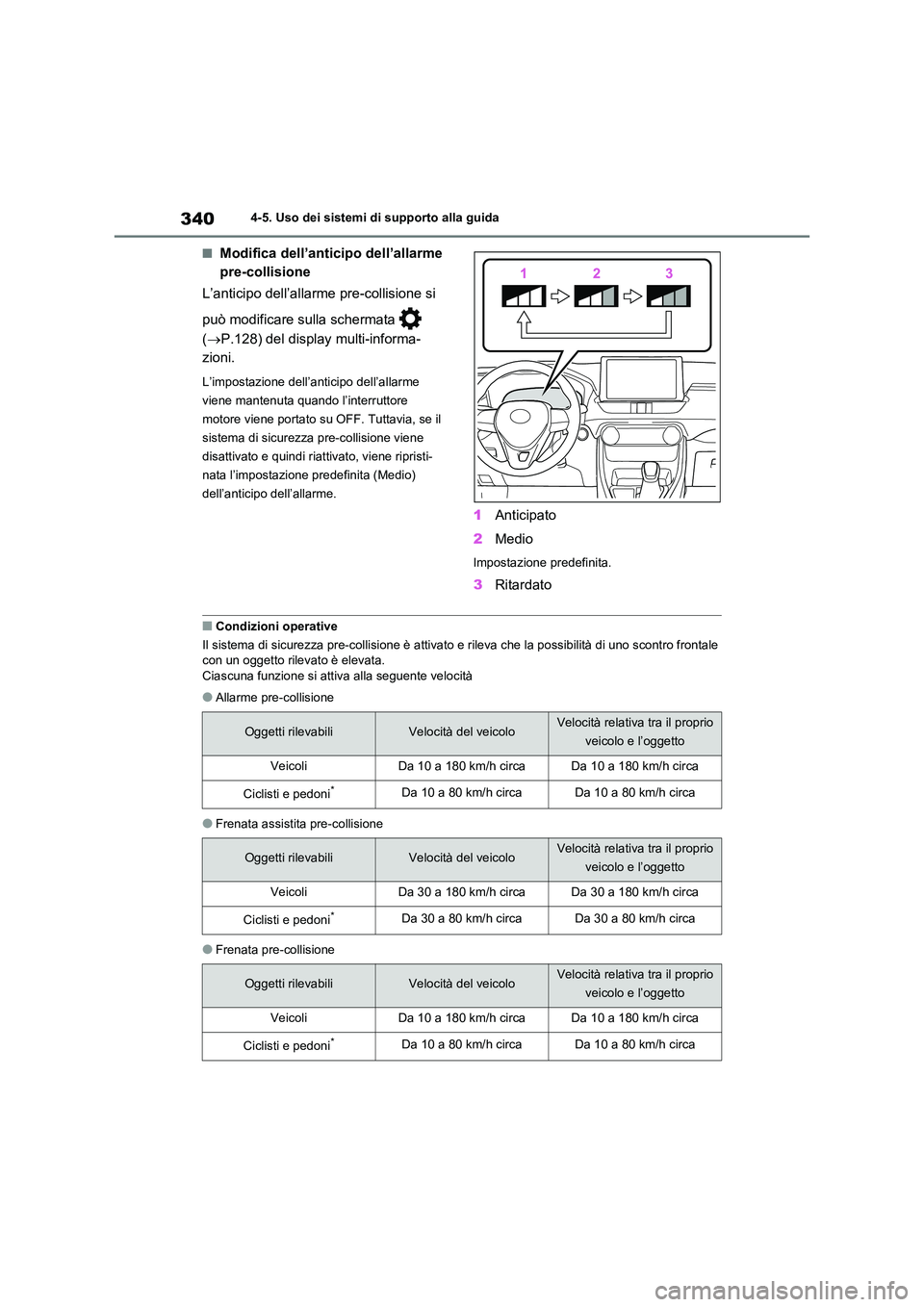 TOYOTA RAV4 2020 Manuale duso (in Italian) 3404-5. Uso dei sistemi di supporto alla guida
■Modifica dell’anticipo dell’allarme
pre-collisione
L’anticipo dell’allarme pre-collisione si
può modificare sulla schermata
( P.1 TOYOTA RAV4 2020 Manuale duso (in Italian) 3404-5. Uso dei sistemi di supporto alla guida
■Modifica dell’anticipo dell’allarme
pre-collisione
L’anticipo dell’allarme pre-collisione si
può modificare sulla schermata
( P.1