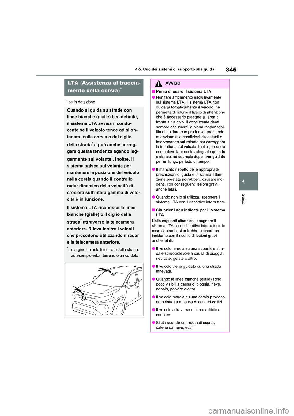 TOYOTA RAV4 2020 Manuale duso (in Italian) 345
4
4-5. Uso dei sistemi di supporto alla guida
Guida
*: se in dotazione
LTA (Assistenza al traccia-
mento della corsia)*
Quando si guida su strade con
linee bianche (gialle) ben definite,
il s TOYOTA RAV4 2020 Manuale duso (in Italian) 345
4
4-5. Uso dei sistemi di supporto alla guida
Guida
*: se in dotazione
LTA (Assistenza al traccia-
mento della corsia)*
Quando si guida su strade con
linee bianche (gialle) ben definite,
il s