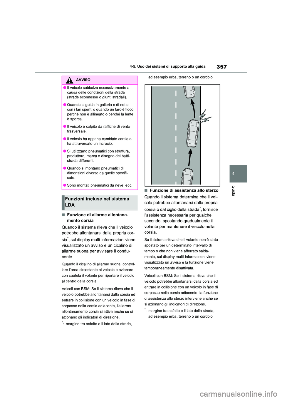 TOYOTA RAV4 2020 Manuale duso (in Italian) 357
4
4-5. Uso dei sistemi di supporto alla guida
Guida
■Funzione di allarme allontana-
mento corsia
Quando il sistema rileva che il veicolo
potrebbe allontanarsi dalla propria cor-
sia*, sul TOYOTA RAV4 2020 Manuale duso (in Italian) 357
4
4-5. Uso dei sistemi di supporto alla guida
Guida
■Funzione di allarme allontana-
mento corsia
Quando il sistema rileva che il veicolo
potrebbe allontanarsi dalla propria cor-
sia*, sul