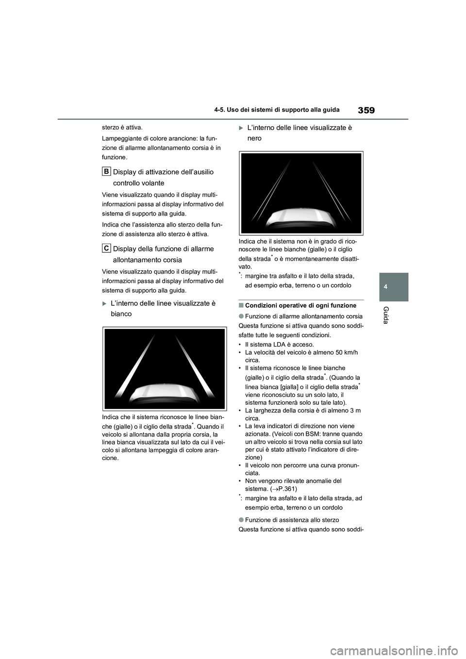 TOYOTA RAV4 2020 Manuale duso (in Italian) 359
4 4-5. Uso dei sistemi di supporto alla guida
Guida
sterzo è attiva.
Lampeggiante di colore arancione: la fun-
zione di allarme allontanamento corsia è in
funzione.
Display di attivazione dell TOYOTA RAV4 2020 Manuale duso (in Italian) 359
4 4-5. Uso dei sistemi di supporto alla guida
Guida
sterzo è attiva.
Lampeggiante di colore arancione: la fun-
zione di allarme allontanamento corsia è in
funzione.
Display di attivazione dell